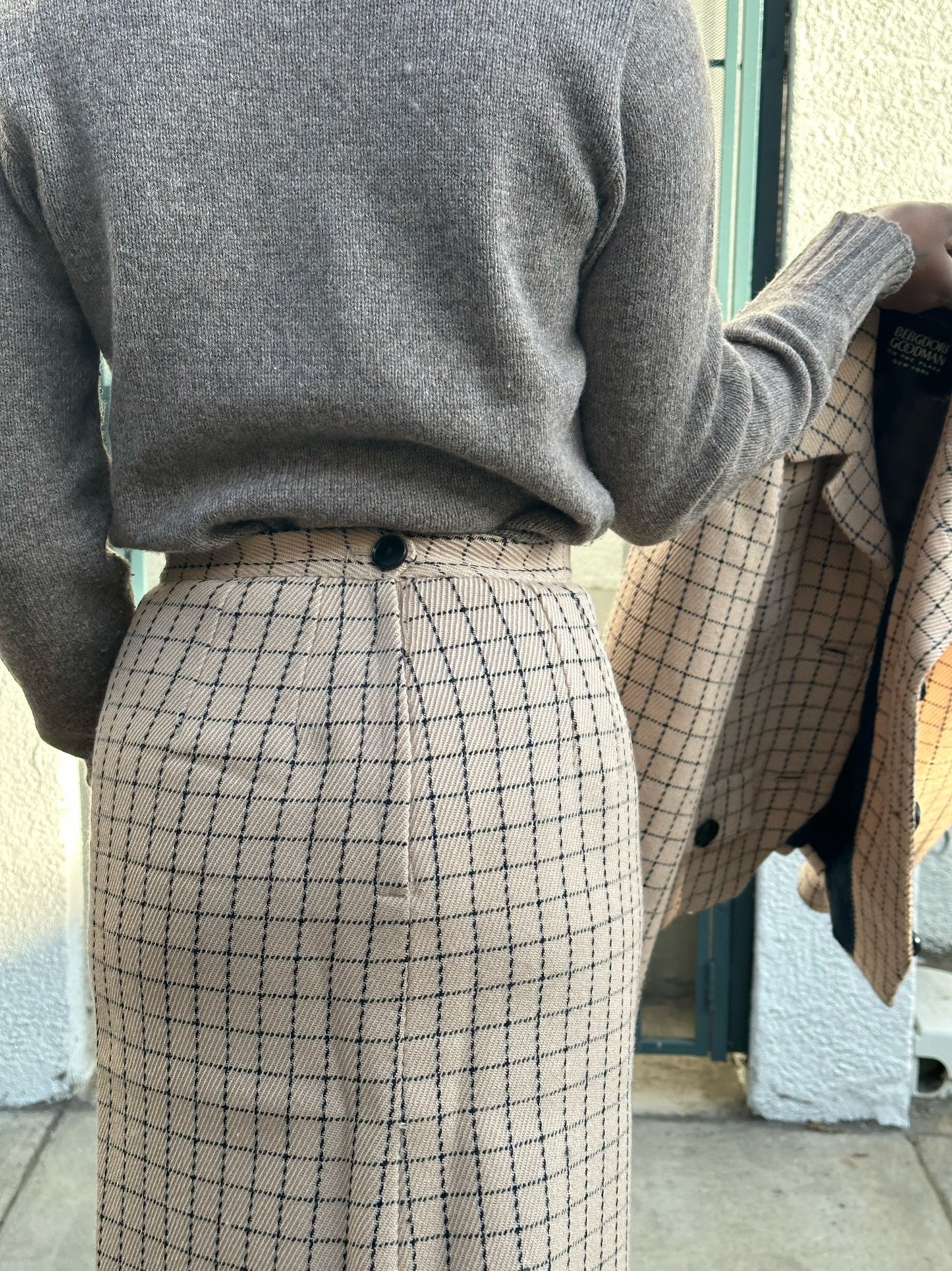 50s Bergdorf Goodman beige and navy windowpane skirt suit