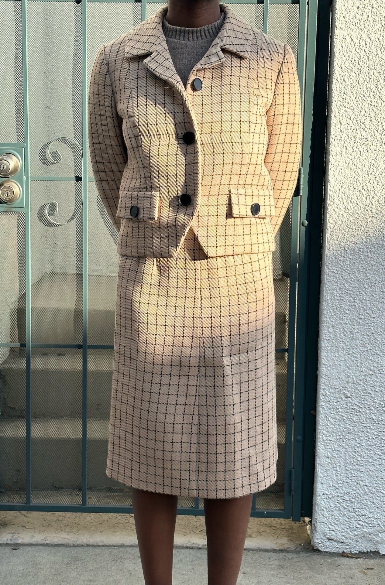 50s Bergdorf Goodman beige and navy windowpane skirt suit