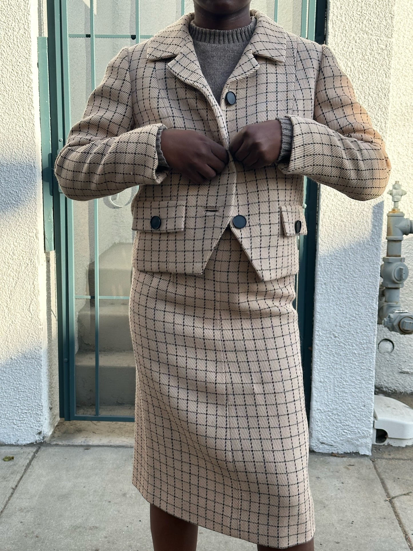 50s Bergdorf Goodman beige and navy windowpane skirt suit