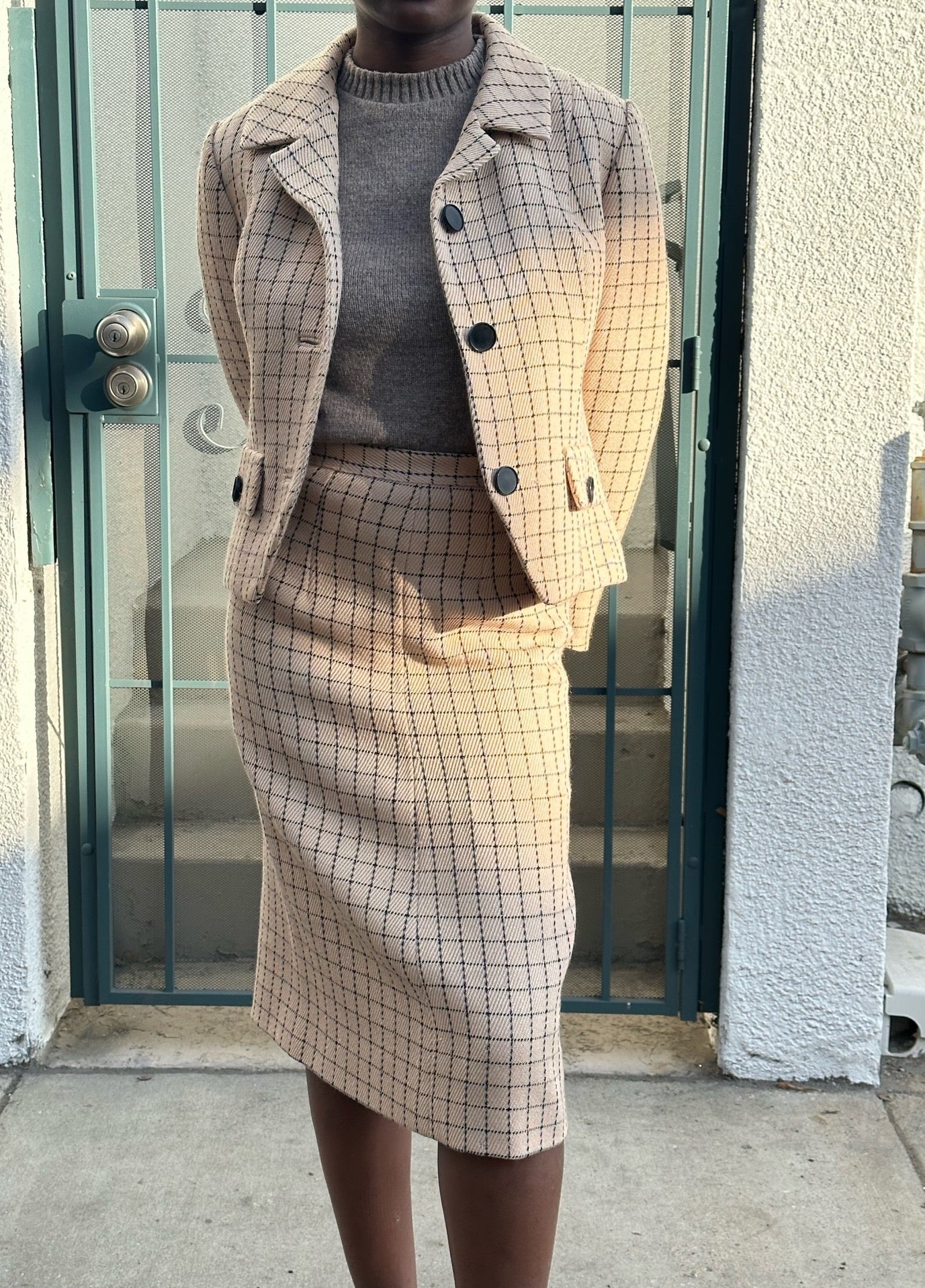 50s Bergdorf Goodman beige and navy windowpane skirt suit