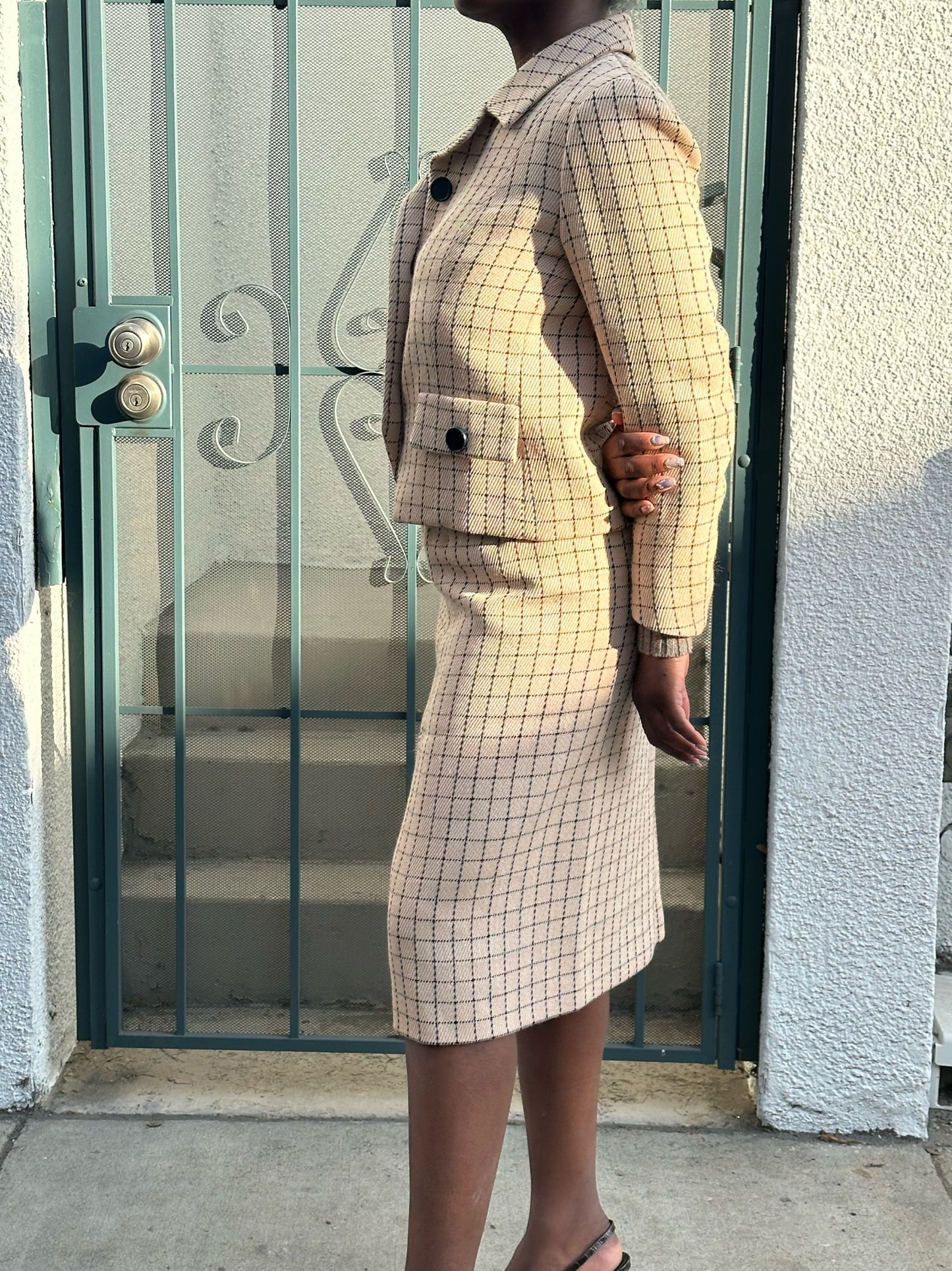 50s Bergdorf Goodman beige and navy windowpane skirt suit