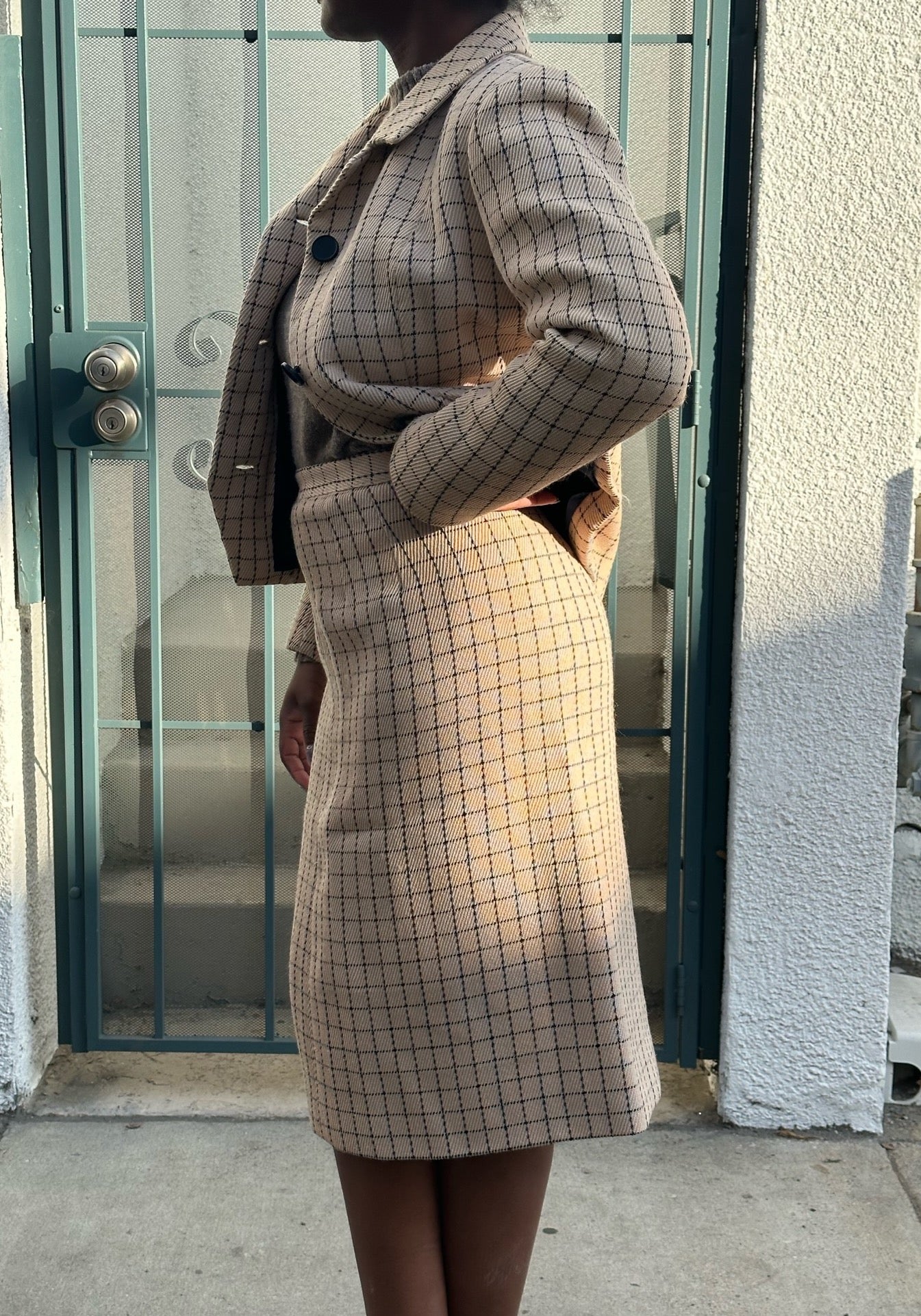 50s Bergdorf Goodman beige and navy windowpane skirt suit