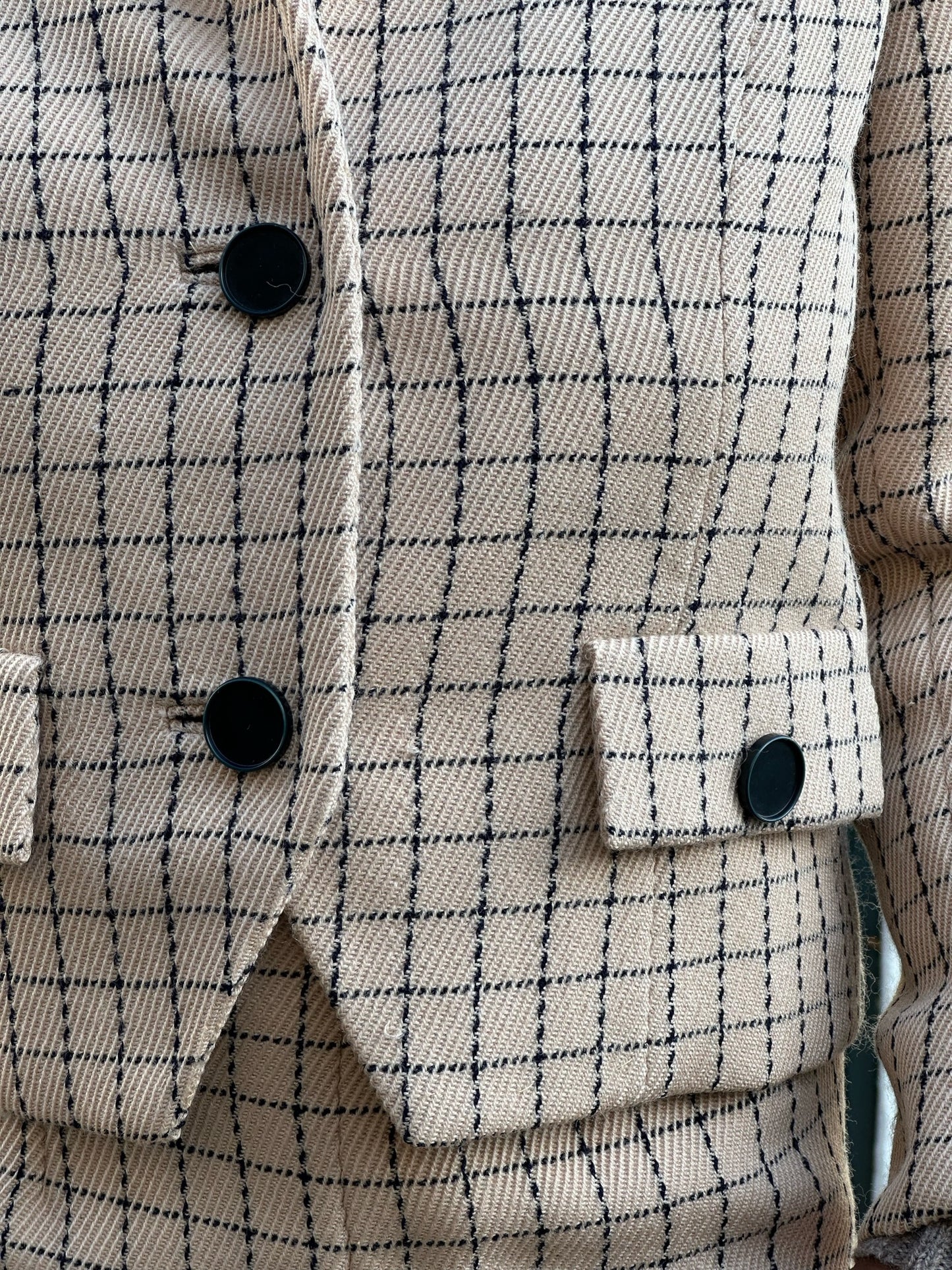 50s Bergdorf Goodman beige and navy windowpane skirt suit