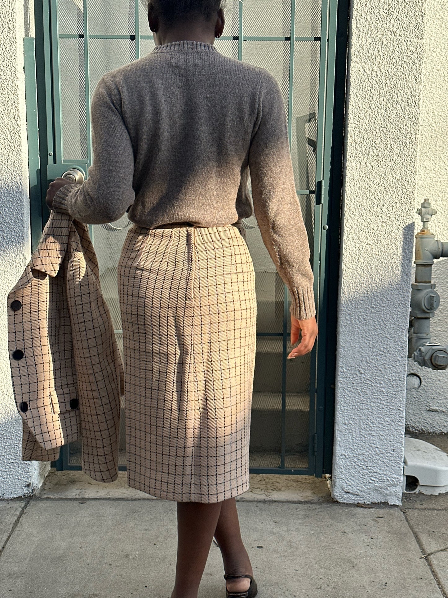 50s Bergdorf Goodman beige and navy windowpane skirt suit