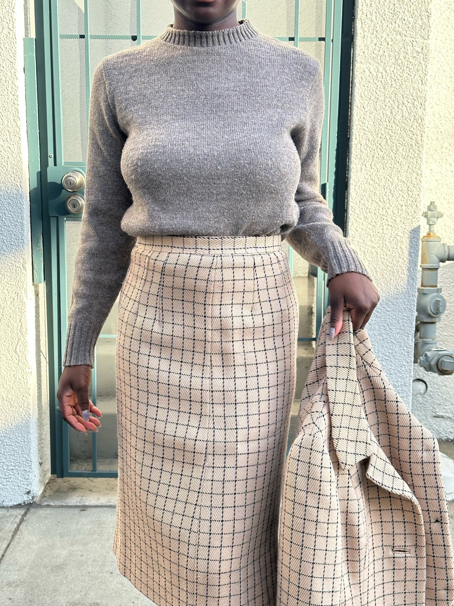 50s Bergdorf Goodman beige and navy windowpane skirt suit