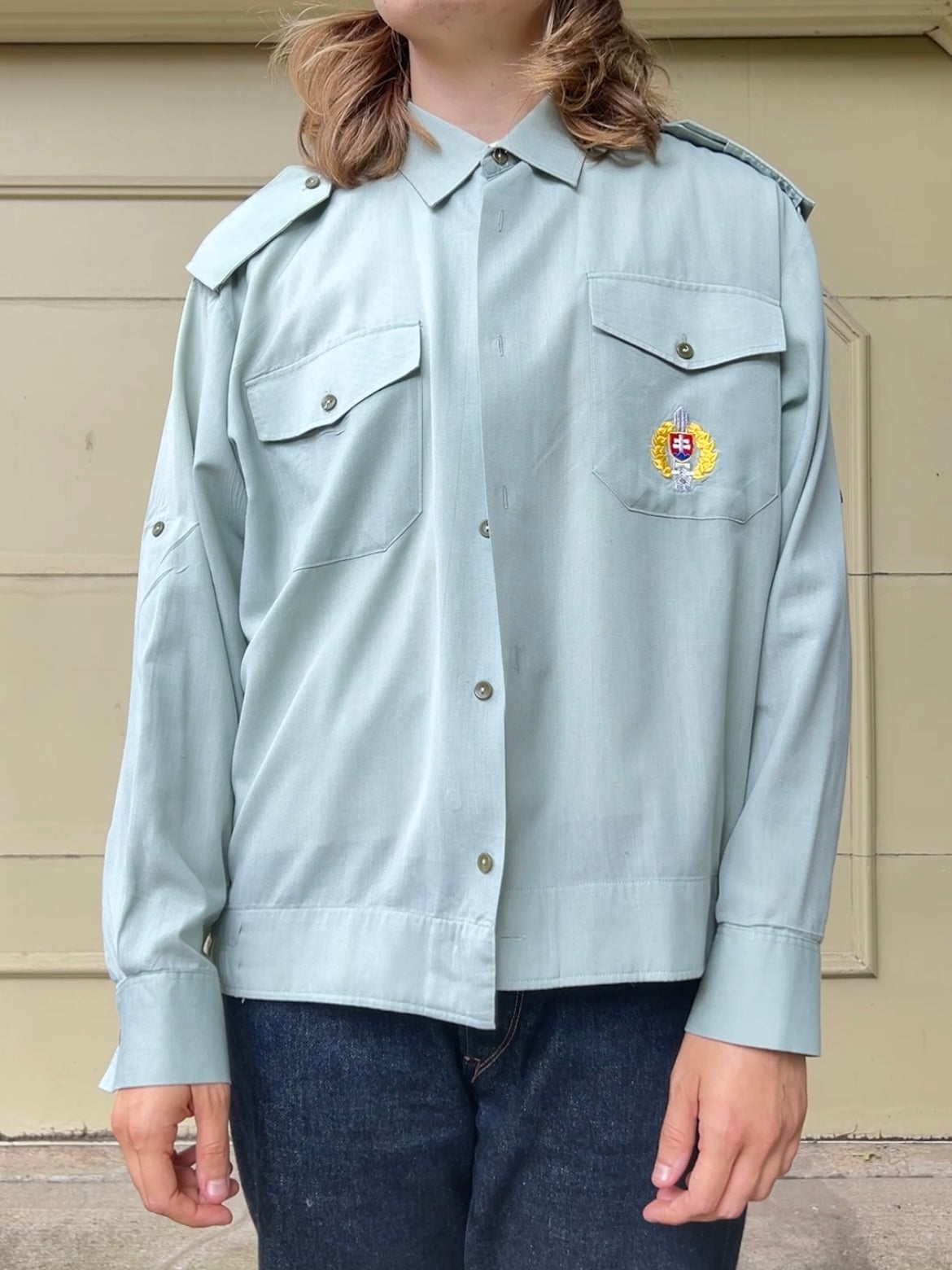 90s Slovakian military mint green straight hem button up