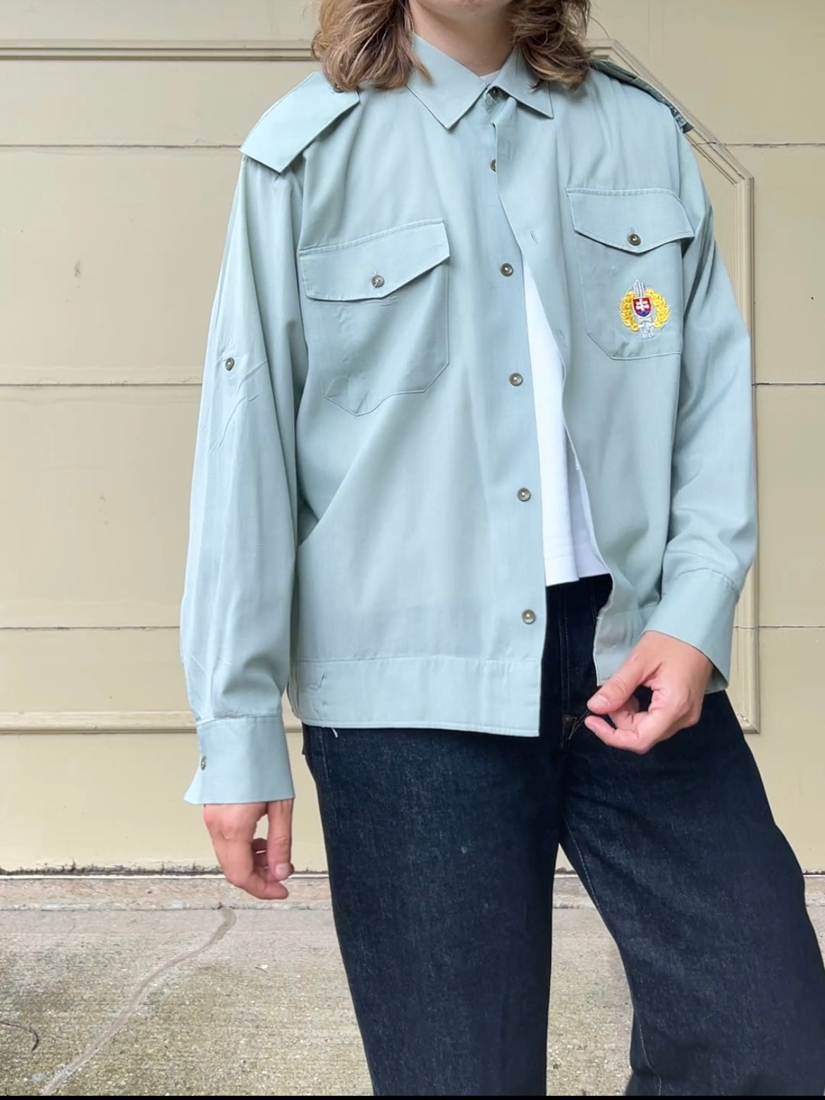 90s Slovakian military mint green straight hem button up