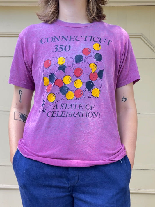 1985 Connecticut 350 Celebration contrast stitch tee with Easter Seal cycling patch