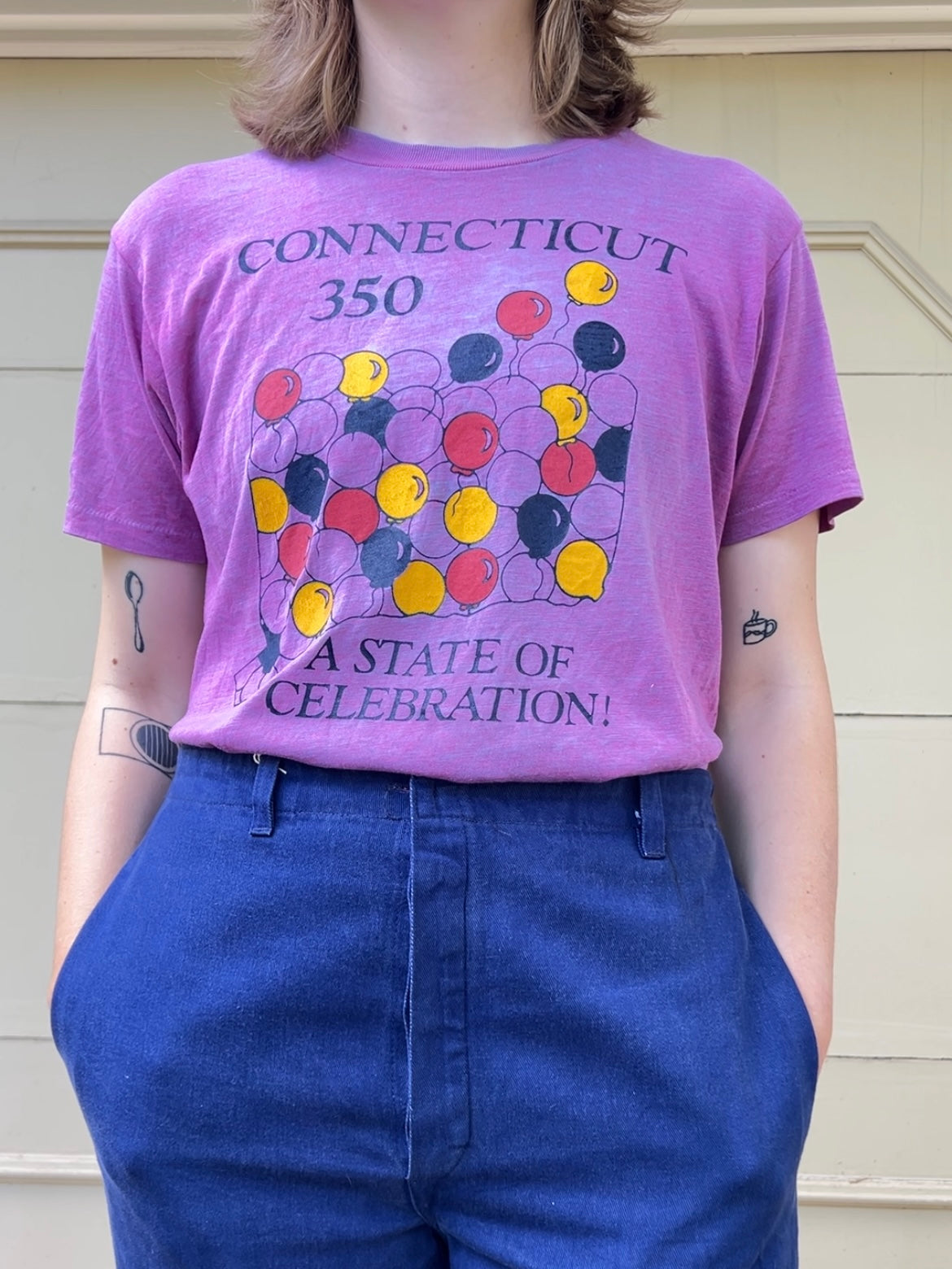 1985 Connecticut 350 Celebration contrast stitch tee with Easter Seal cycling patch