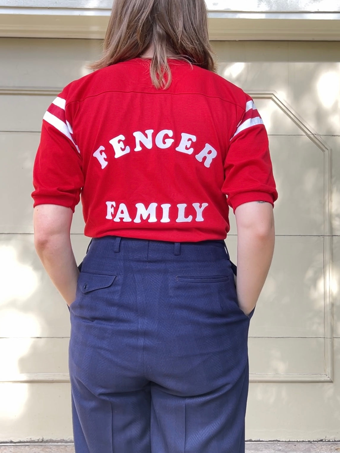 80s Cal Cru red stripe sleeve "Fenger Family" tee