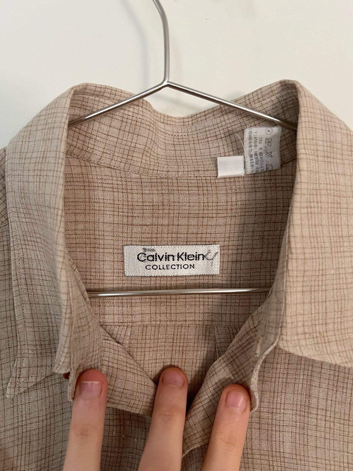 90s Calvin Klein Collection beige plaid linen shirt