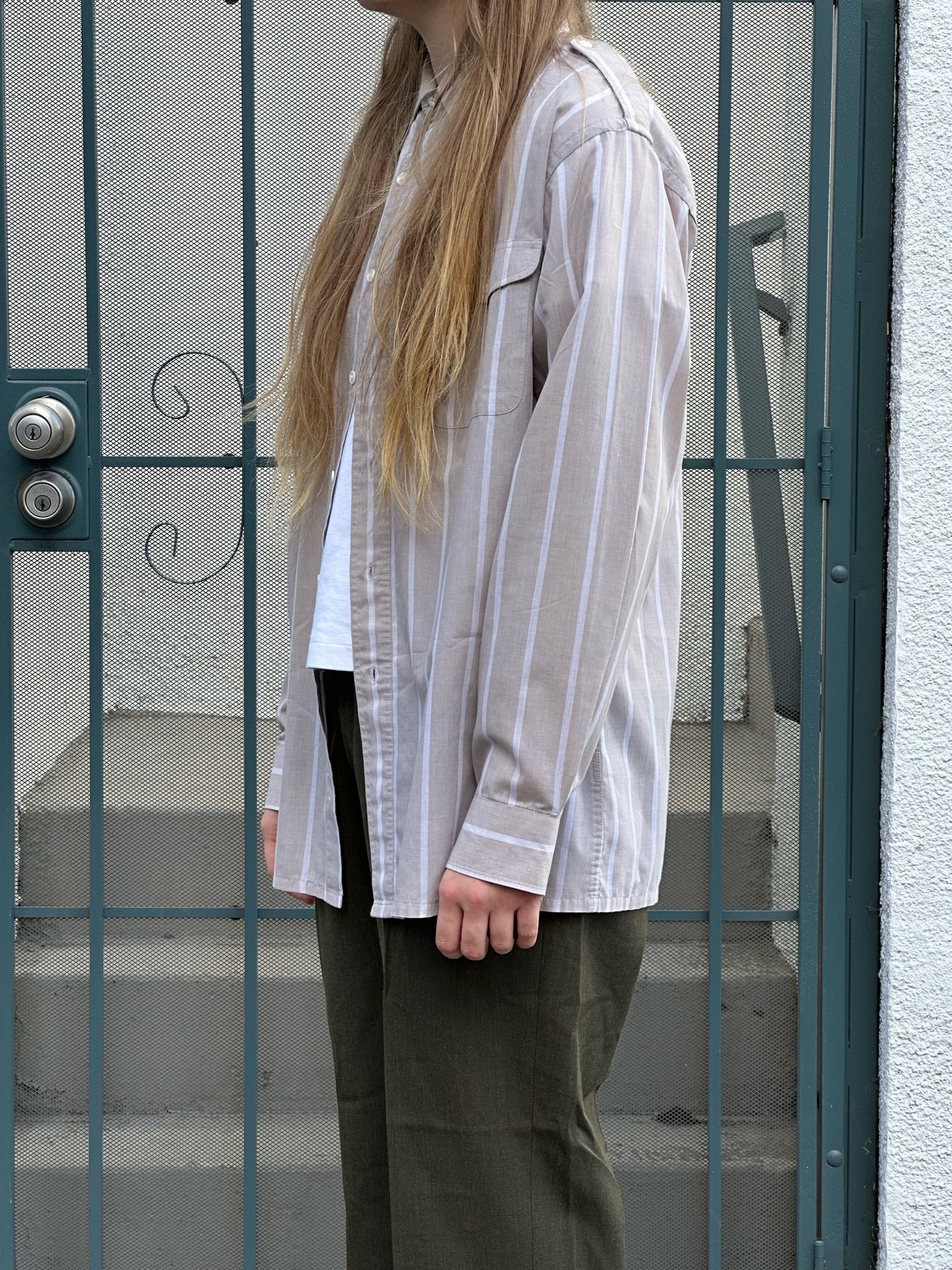 80s Christian Dior beige and cream stripe shirt with military detailing