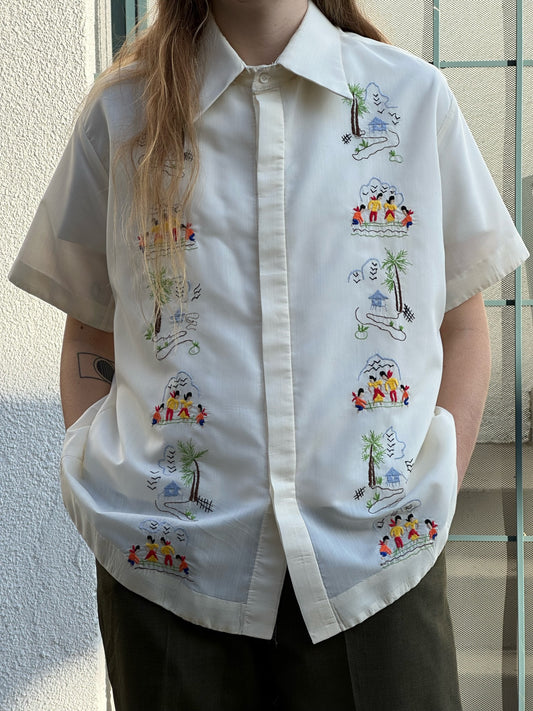 60s/70s cream embroidered short-sleeve shirt