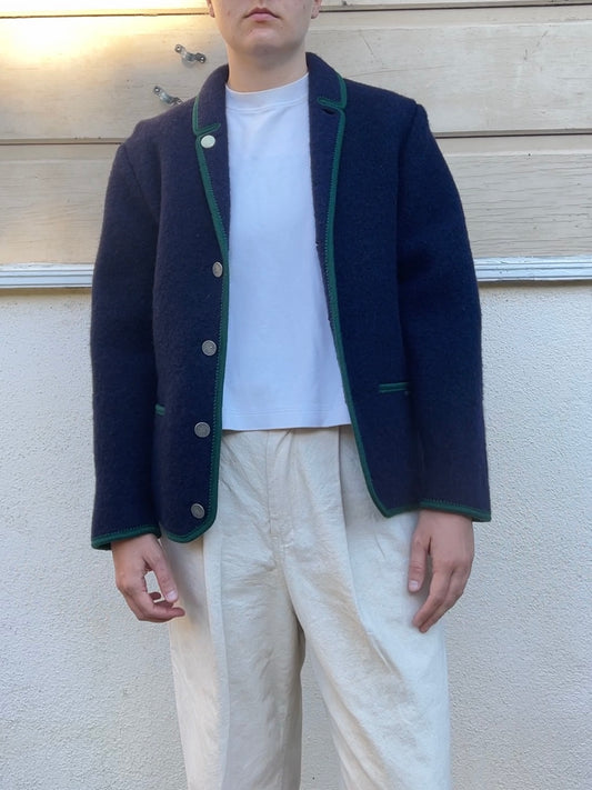 90s Giesswein navy Austrian boiled wool jacket with green contrast trim and metal removeable buttons