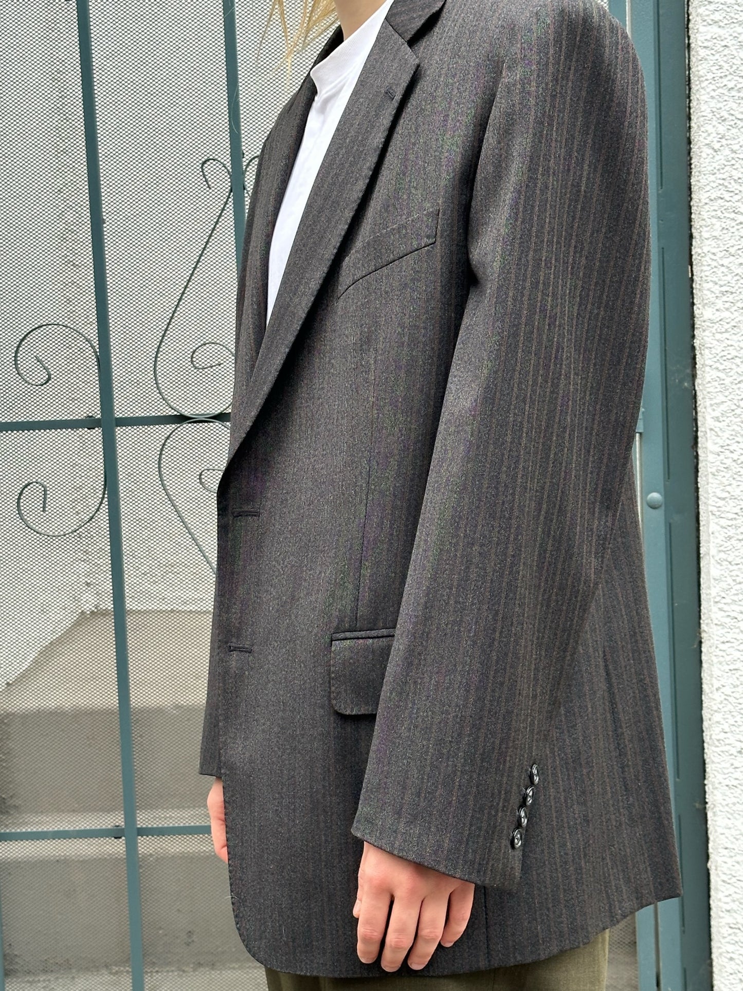 80s Loro Piana fabric custom-tailored gray and brown pinstripe blazer