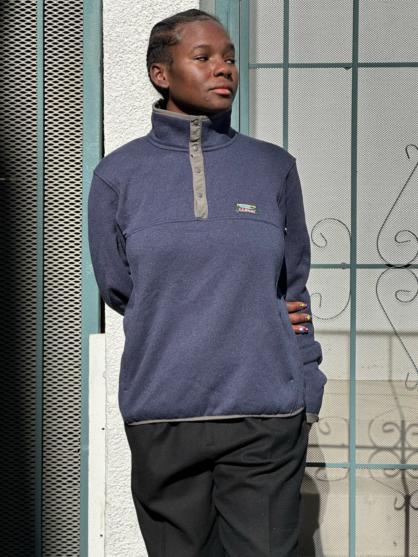 Y2K LL Bean navy snap collar sweatshirt