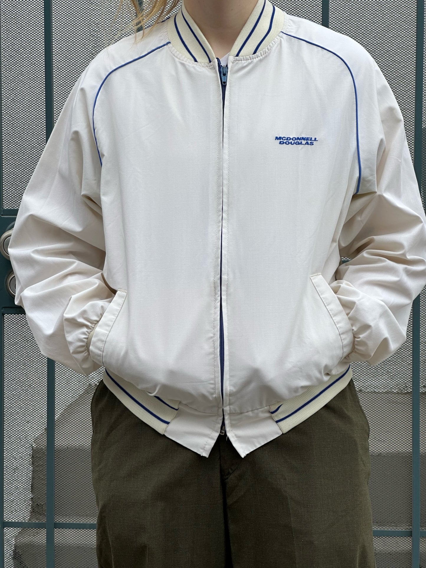 80s McDonnell Douglas blue and off-white bomber jacket