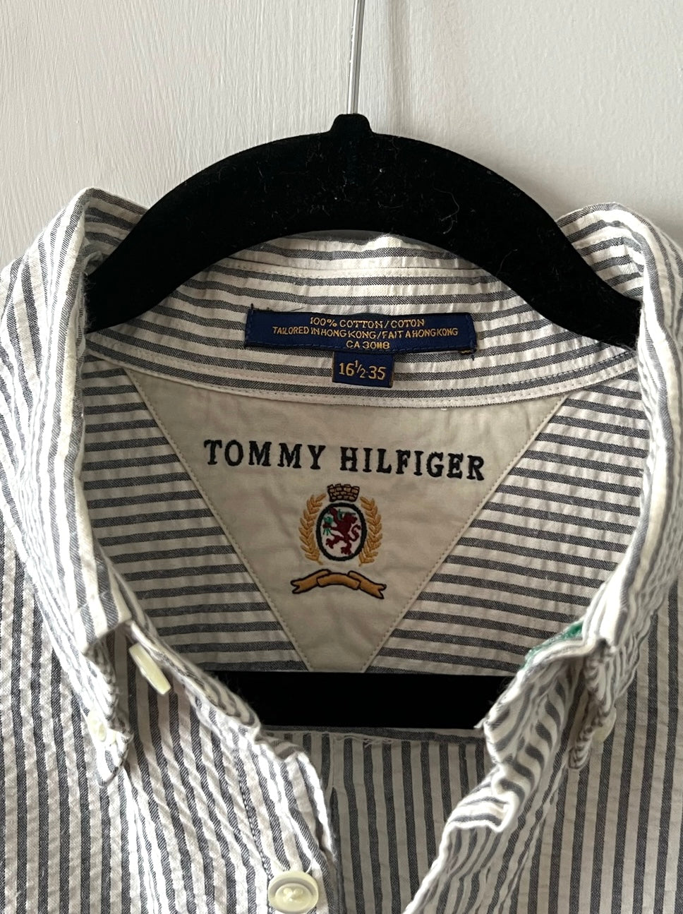 90s Tommy Hilfiger white and gray striped seersucker shirt