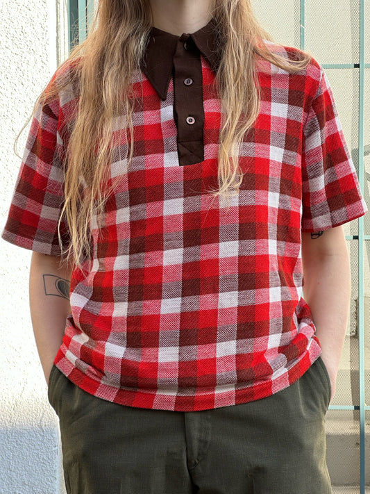 70s Towncraft brown and red check knit polo