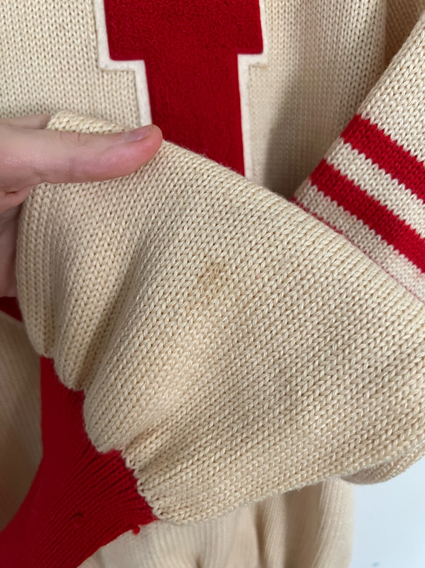 40s/50s cream and red varsity letterman v-neck sweater