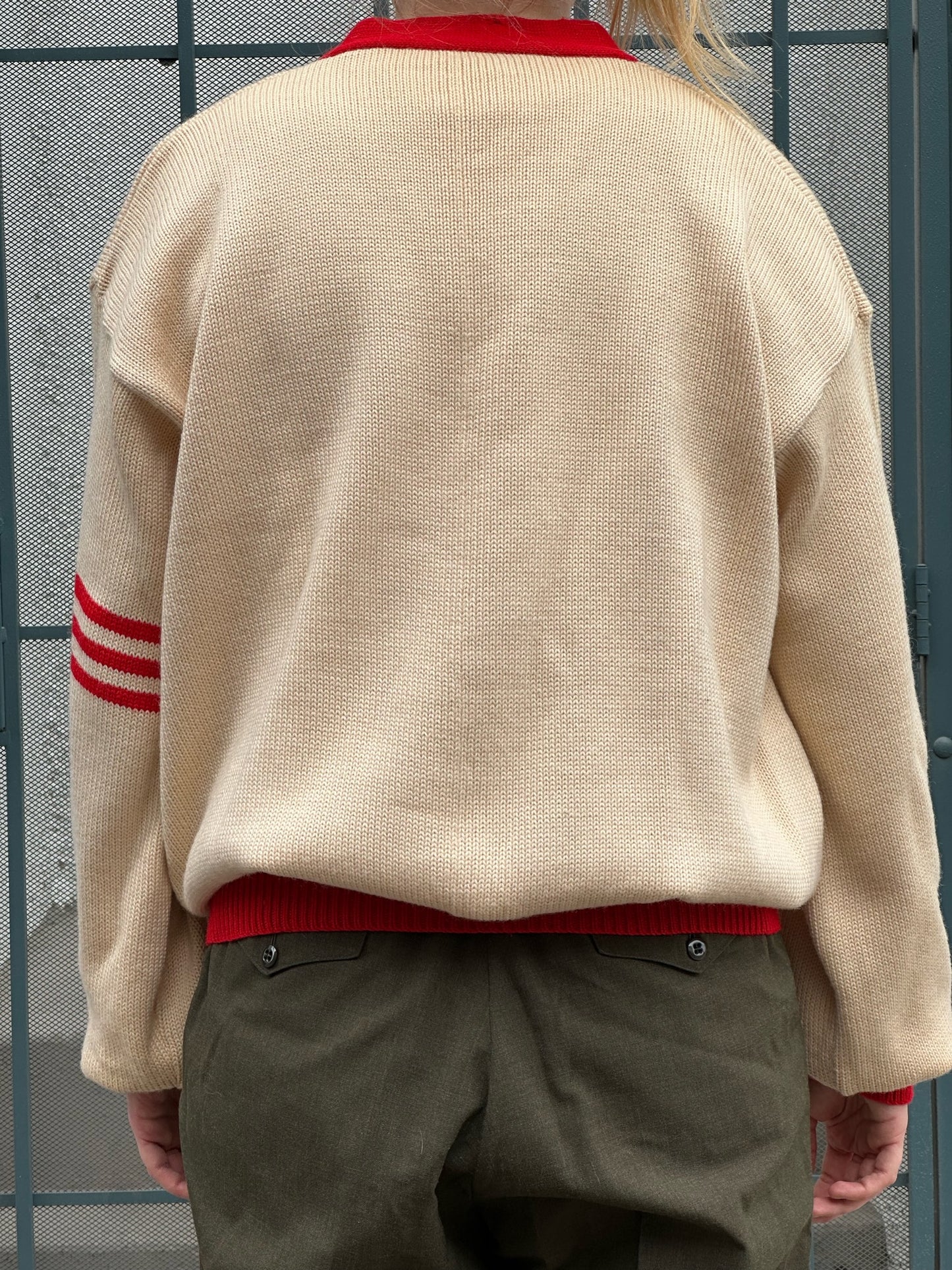 40s/50s cream and red varsity letterman v-neck sweater