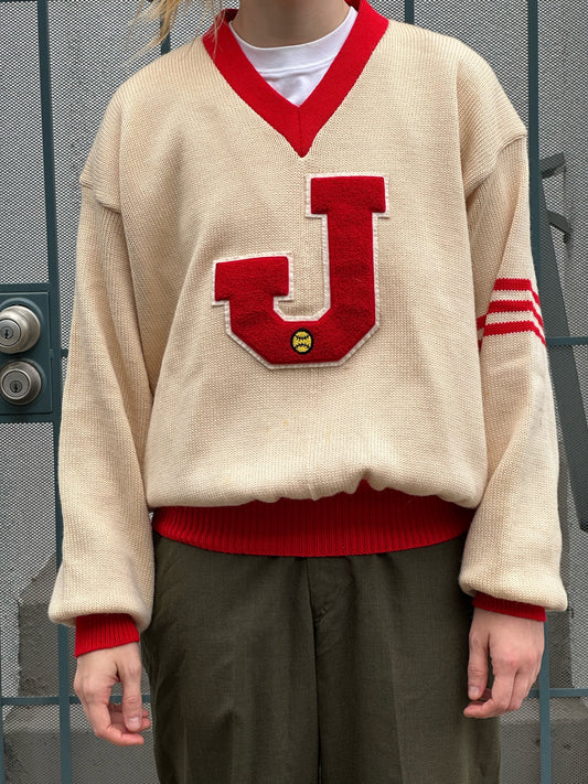 40s/50s cream and red varsity letterman v-neck sweater