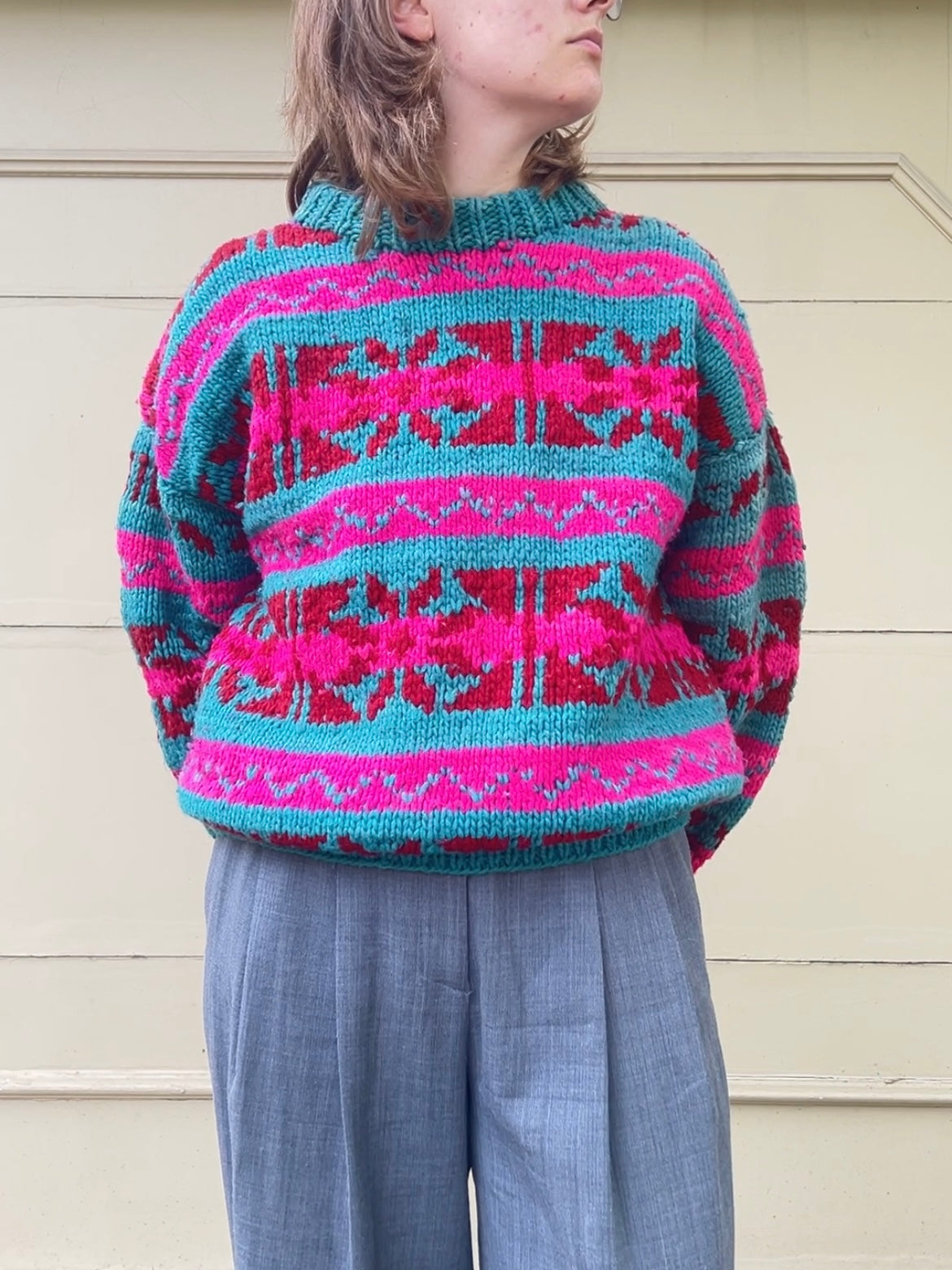 80s/90s Handmade in Ecuador geometric knit wool sweater