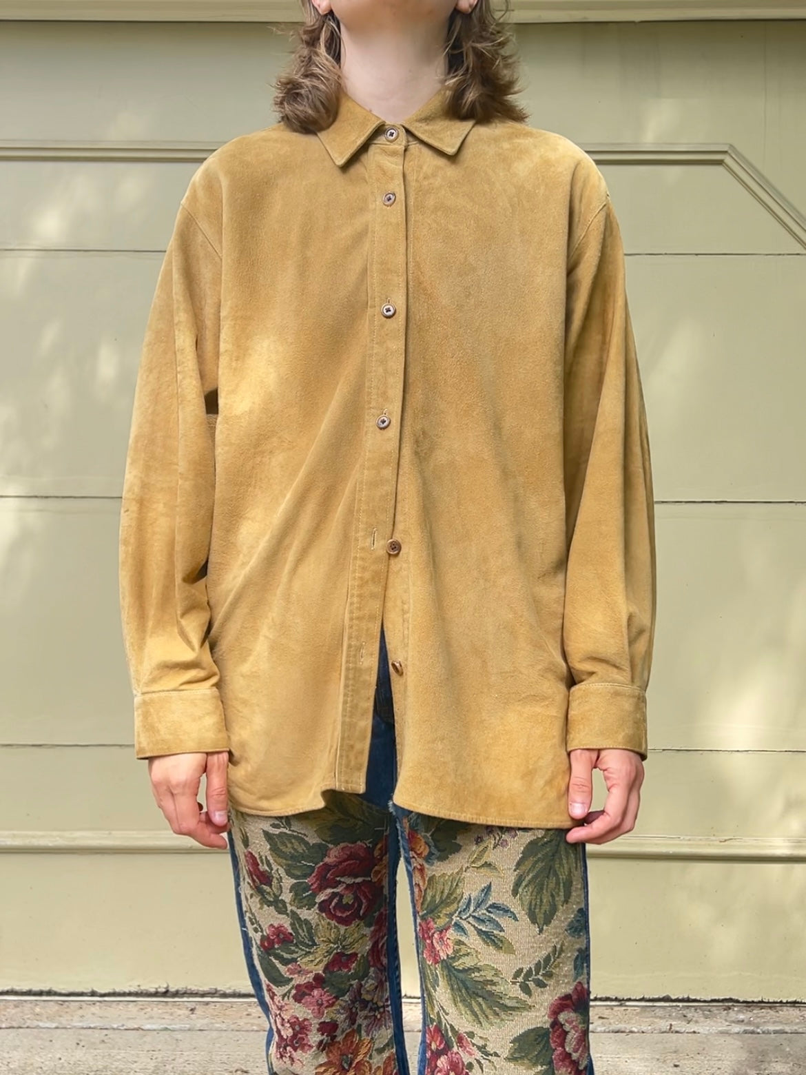 80s/90s camel faux suede button up shirt