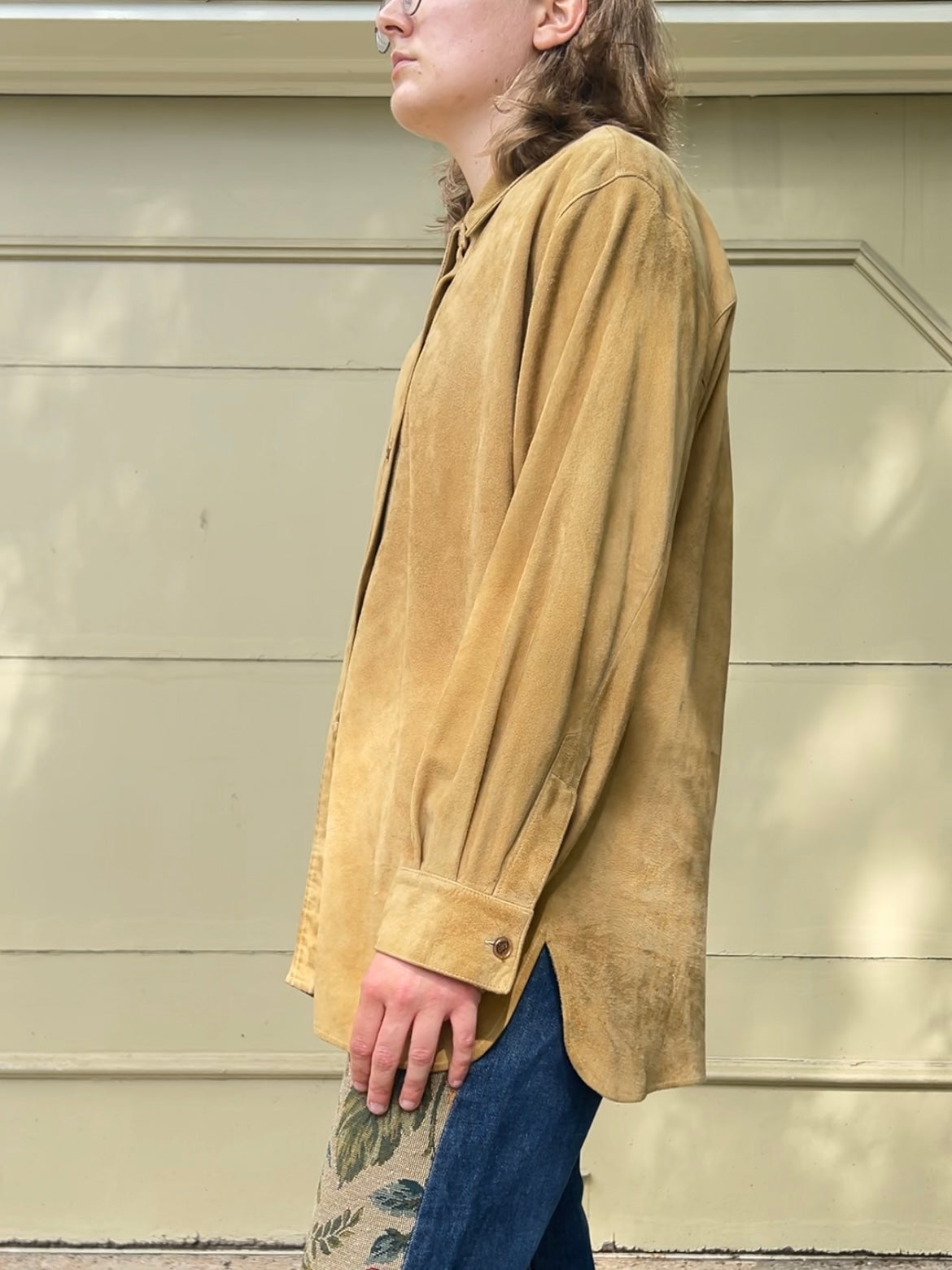 80s/90s camel faux suede button up shirt