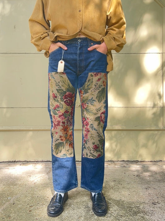 90s Levi's midwash 501s with floral patch rework