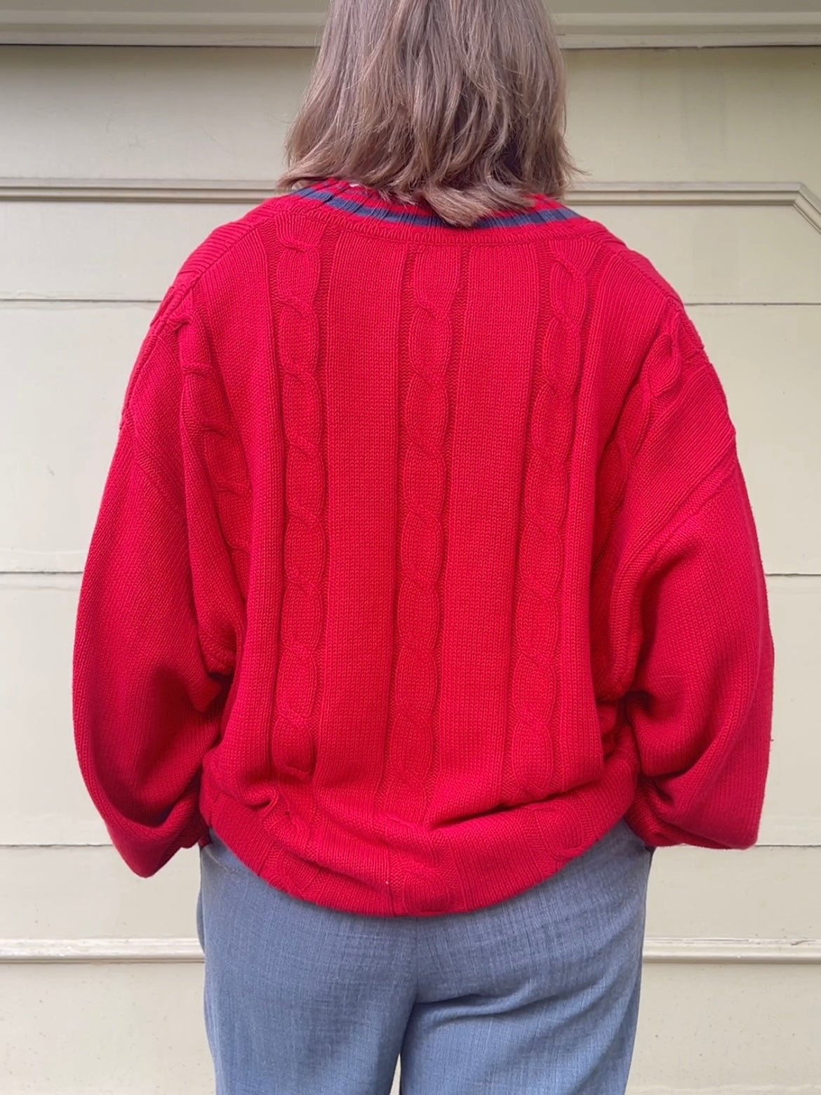 90s GAP red and navy varsity cableknit sweater