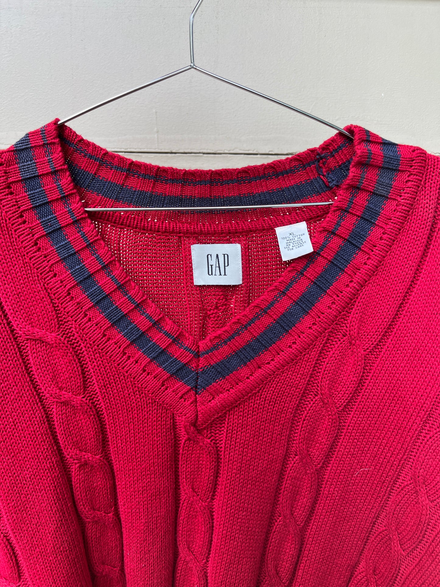 90s GAP red and navy varsity cableknit sweater