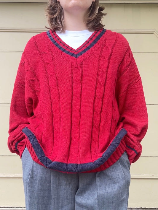 90s GAP red and navy varsity cableknit sweater