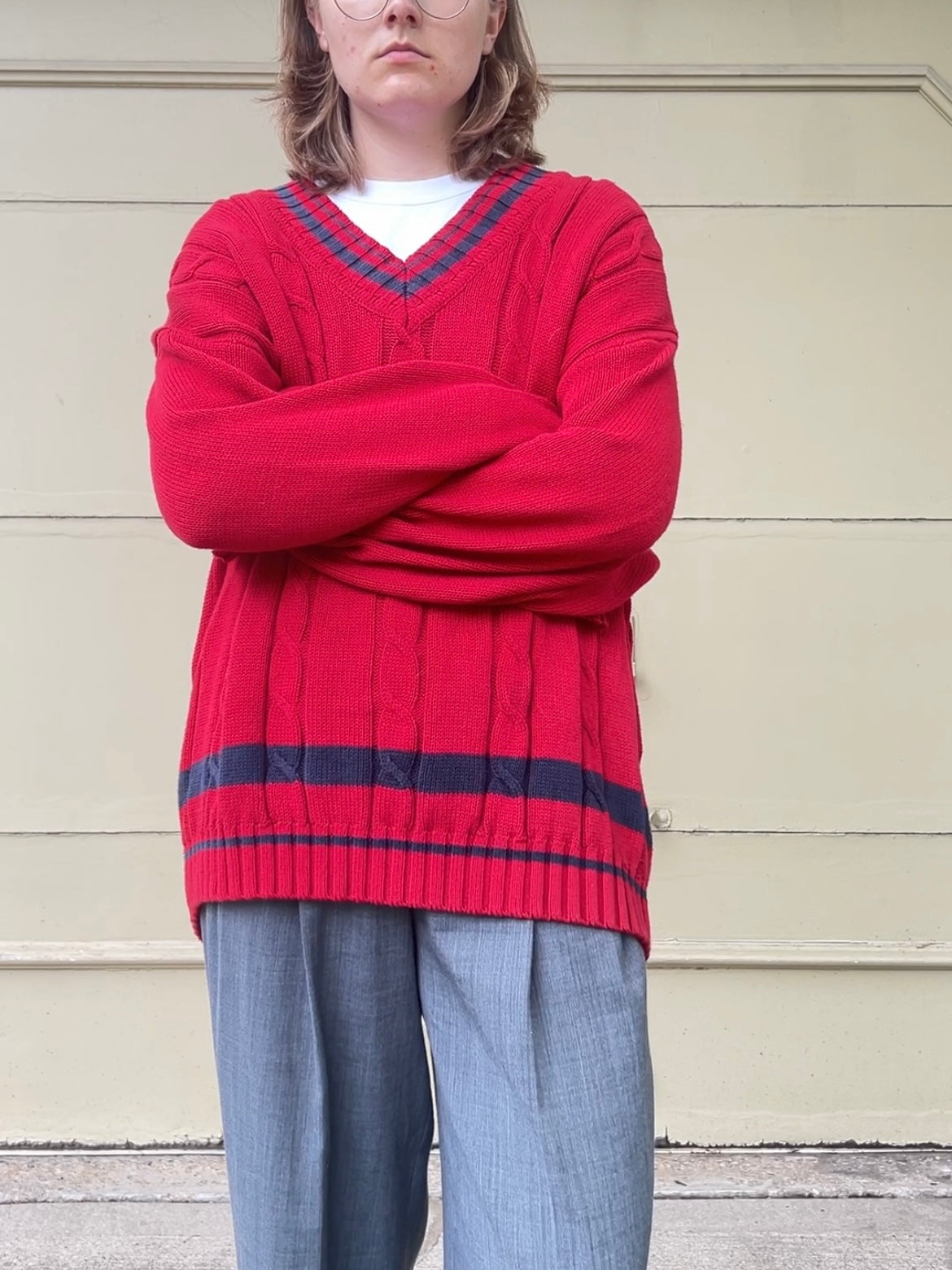 90s GAP red and navy varsity cableknit sweater