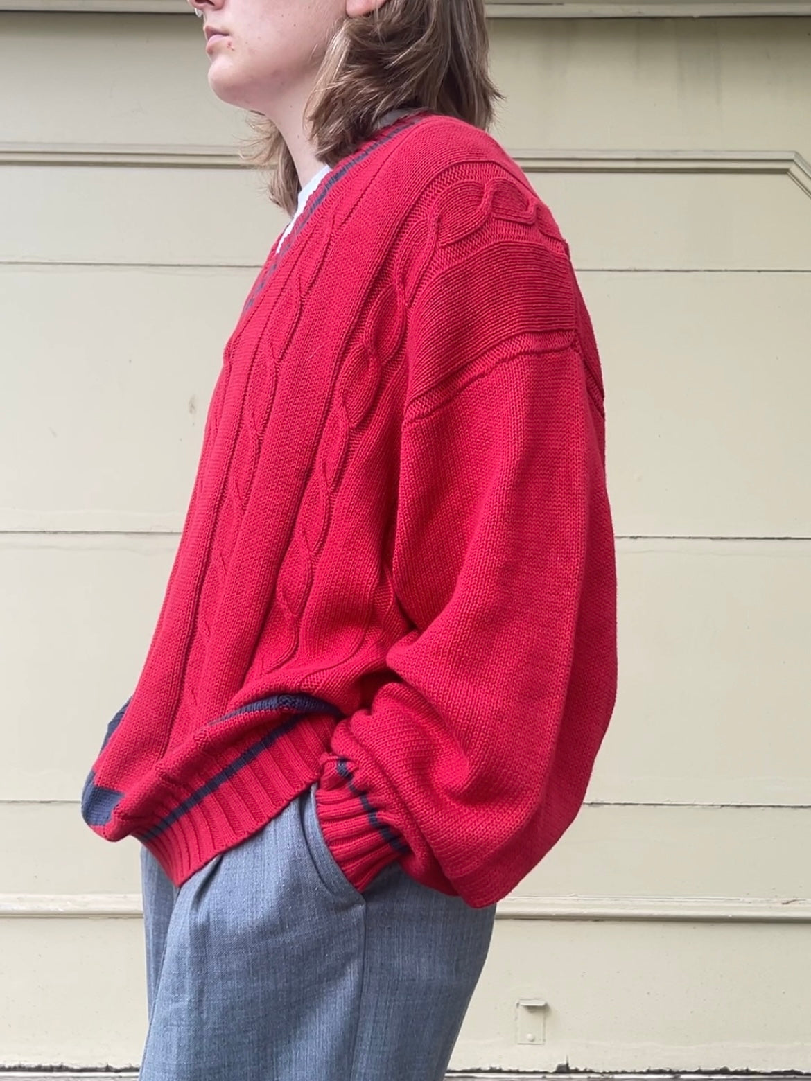 90s GAP red and navy varsity cableknit sweater