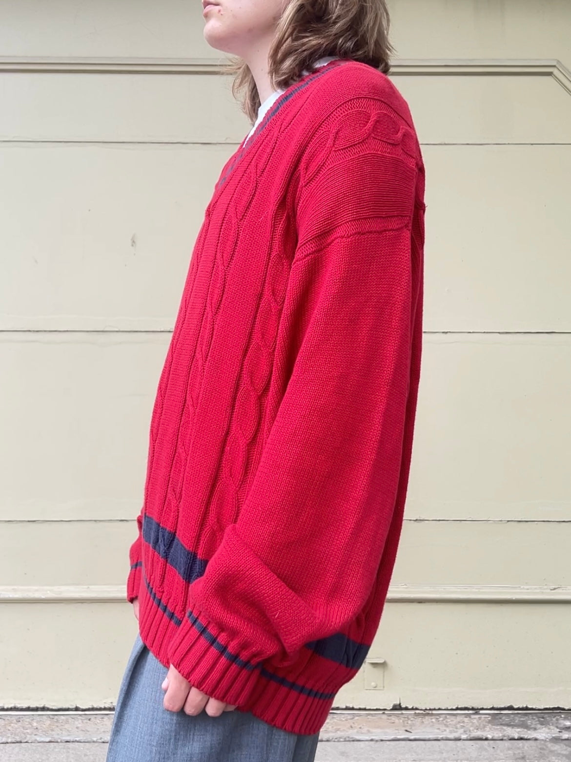 90s GAP red and navy varsity cableknit sweater