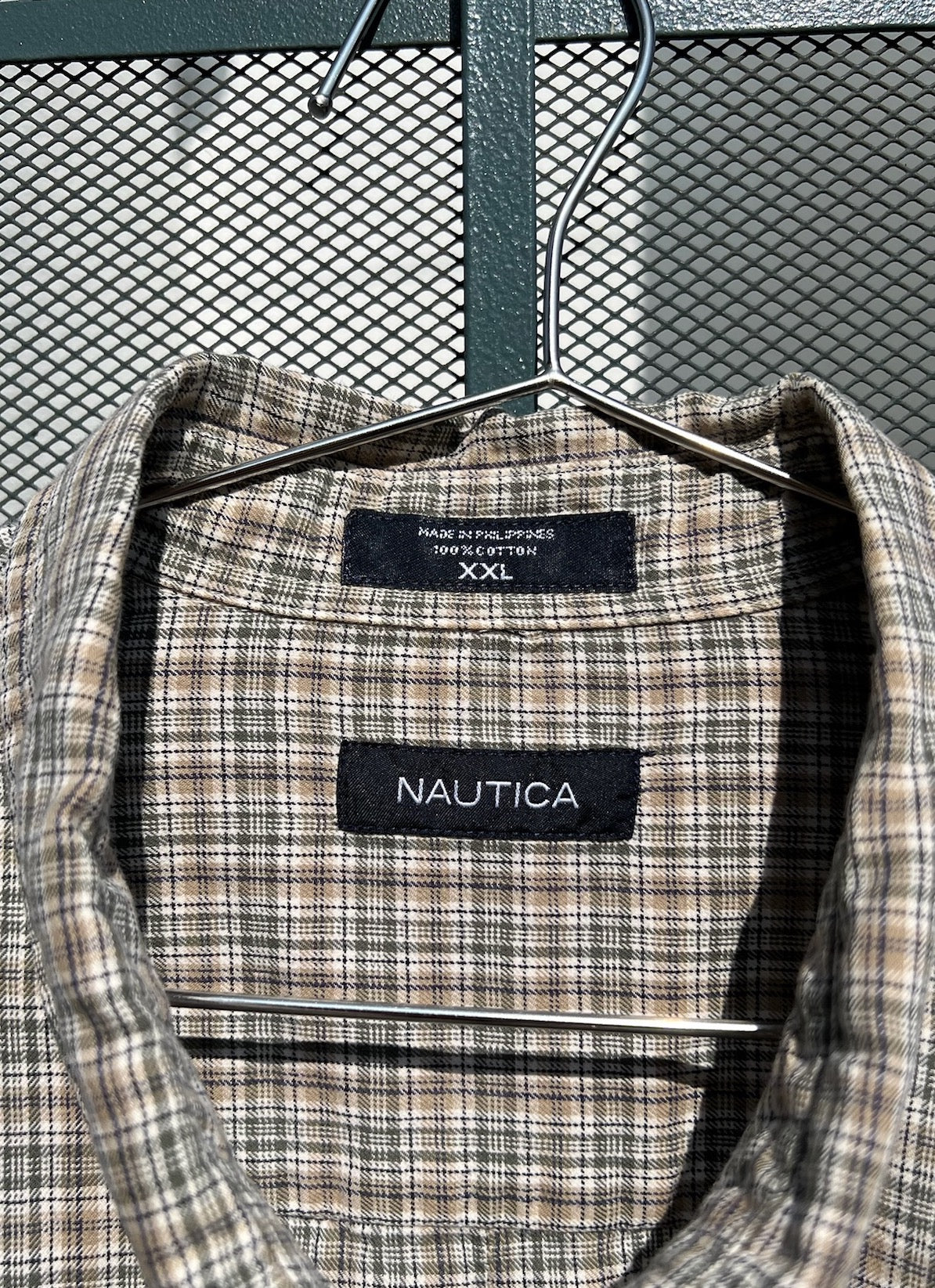 90s Nautica green and beige plaid flannel shirt