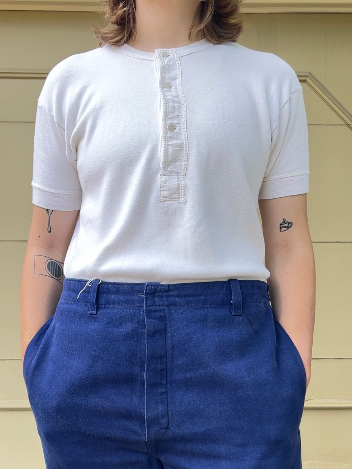 50s/60s Interlock white henley tee