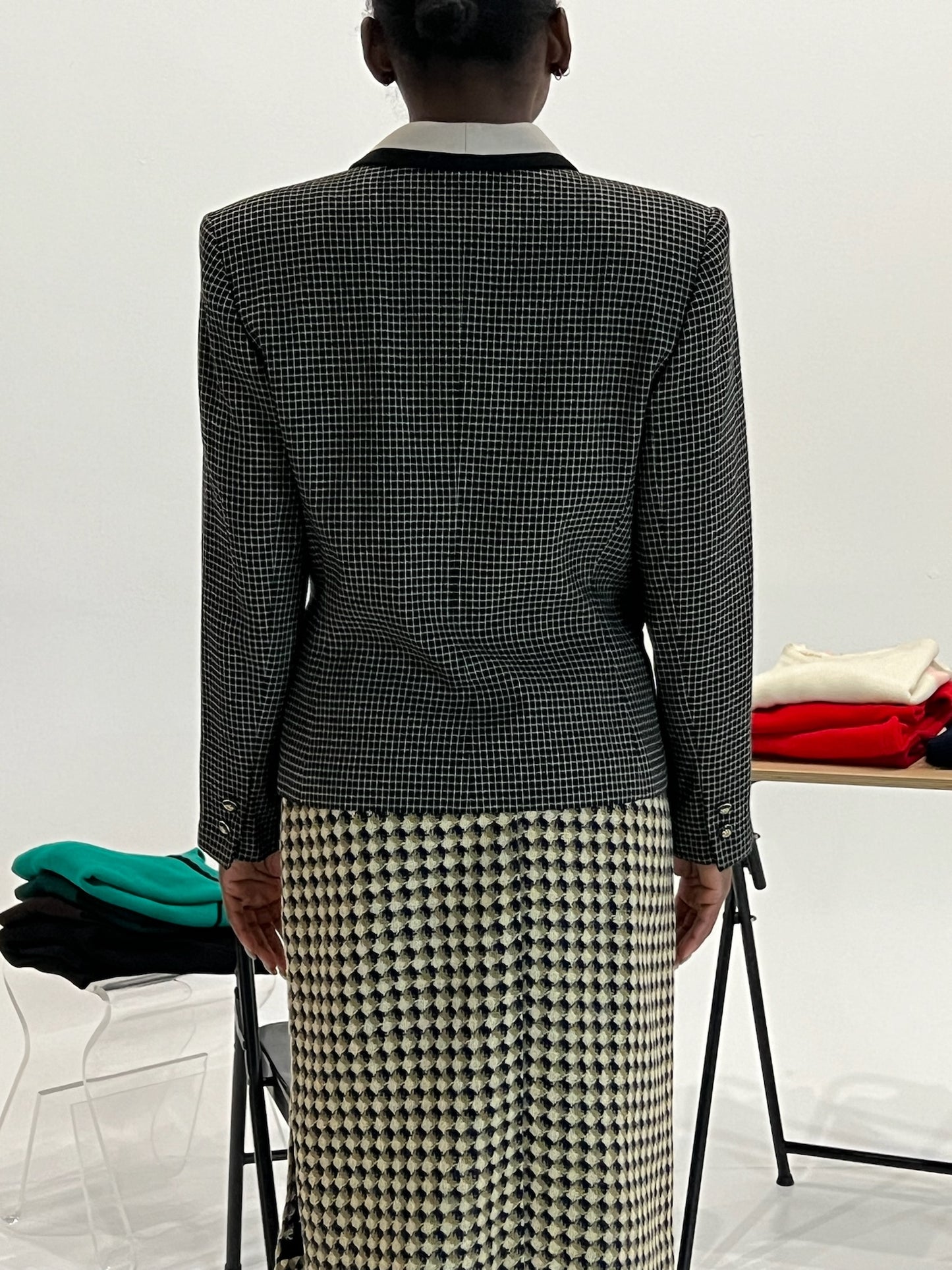 80s Kasper A.S.L. black and white check shawl collared blazer