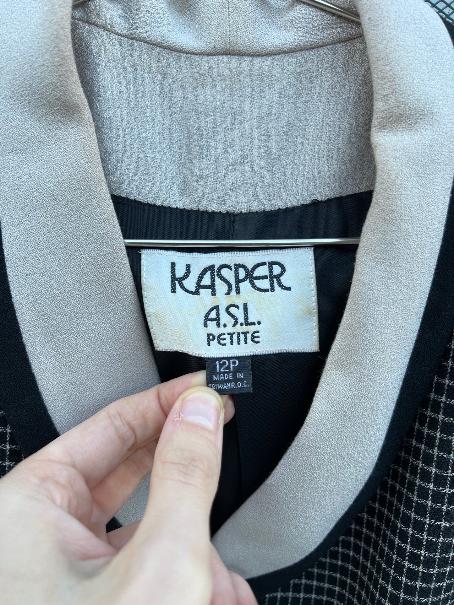 80s Kasper A.S.L. black and white check shawl collared blazer