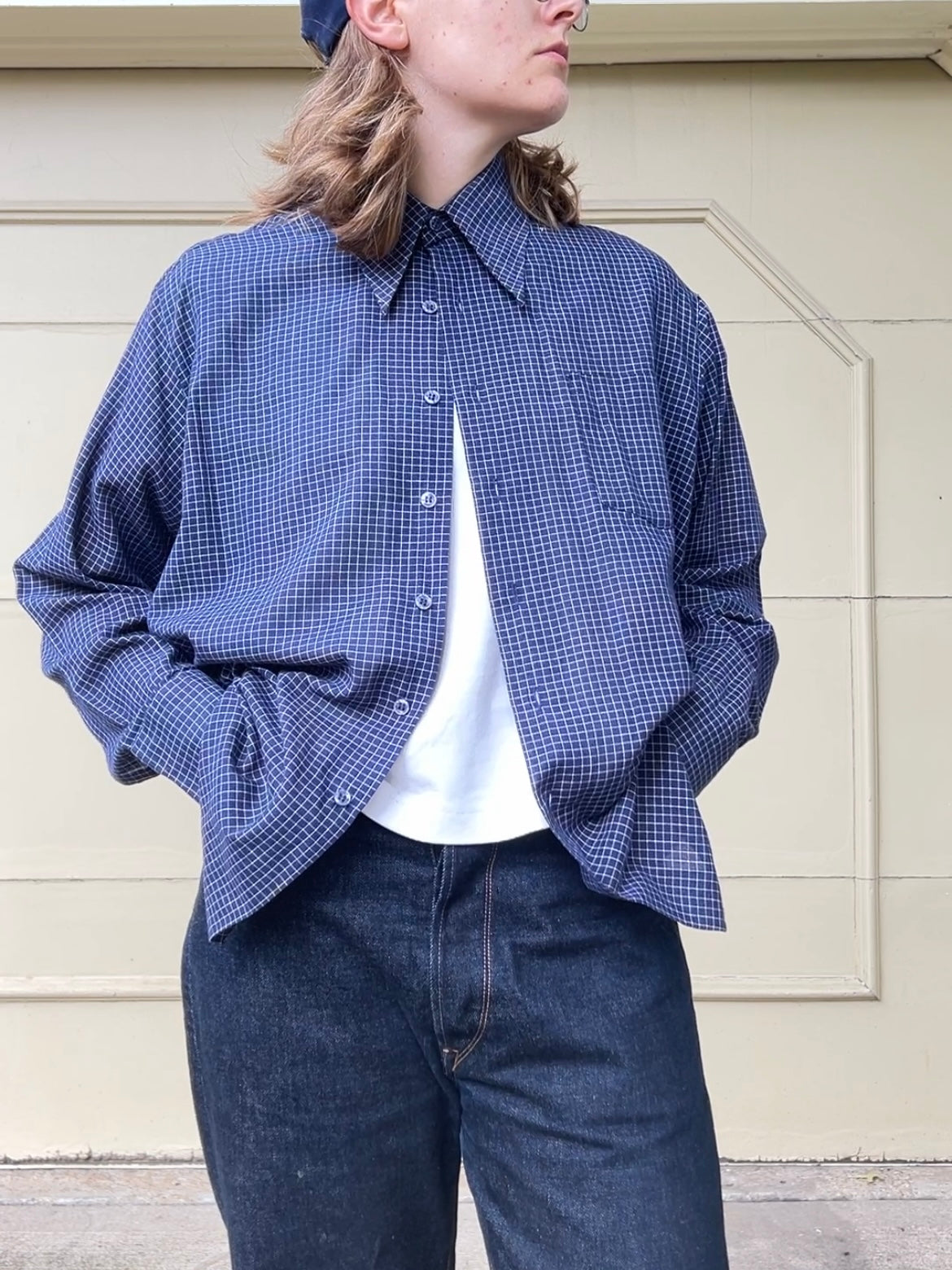 70s Kmart navy and white windowpane button up