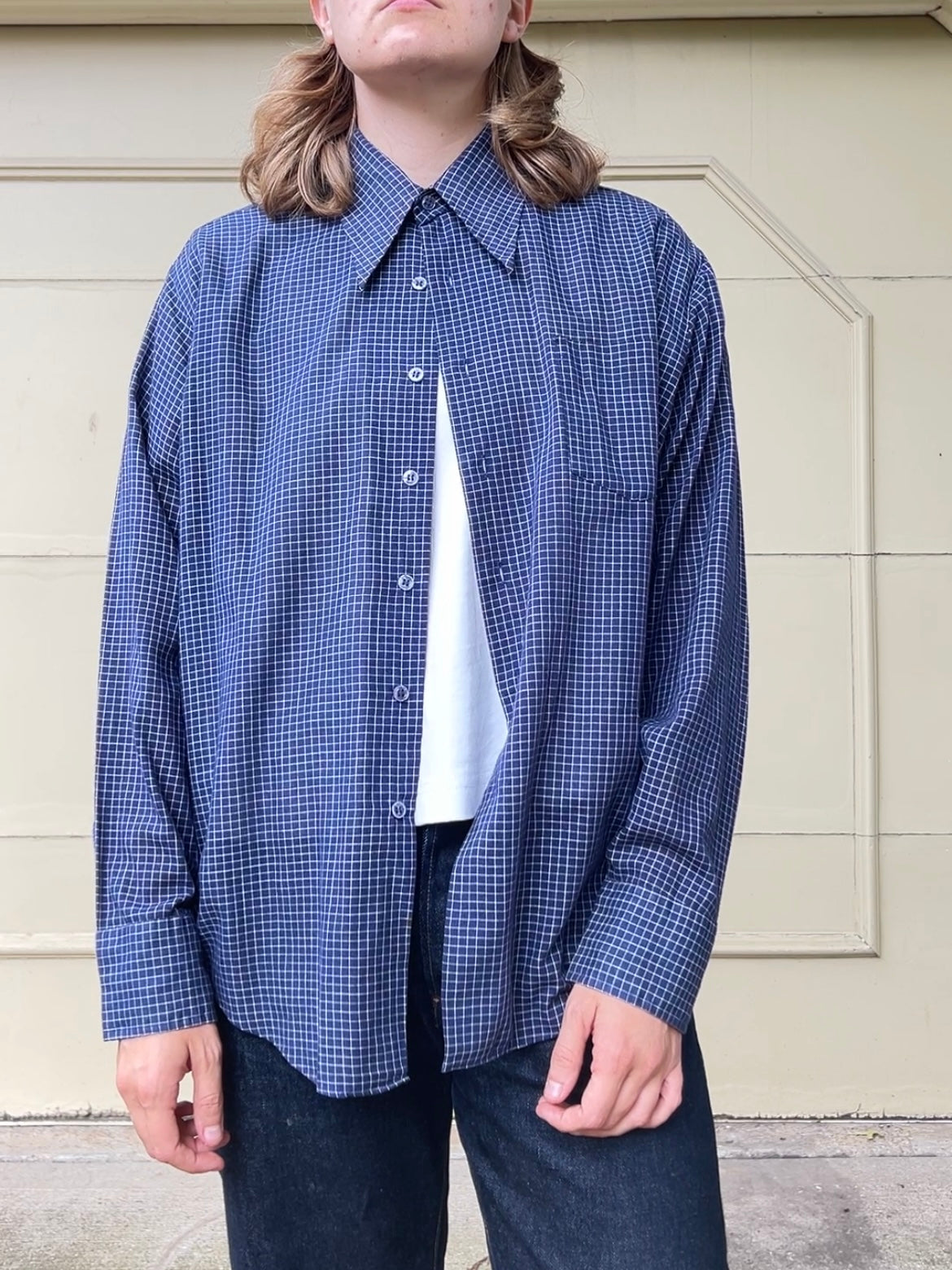 70s Kmart navy and white windowpane button up