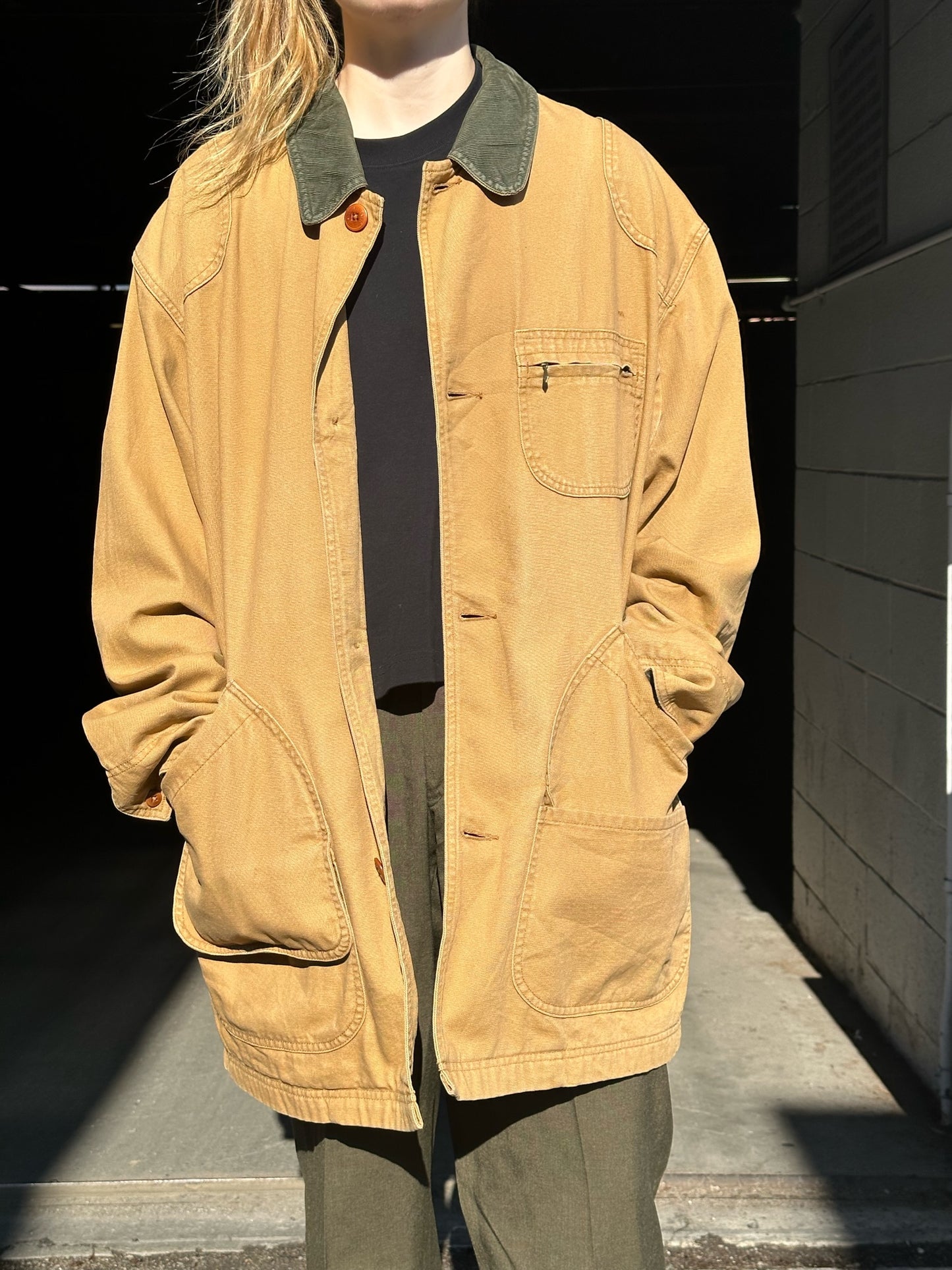 90s LL Bean tan chore coat with green corduroy collar