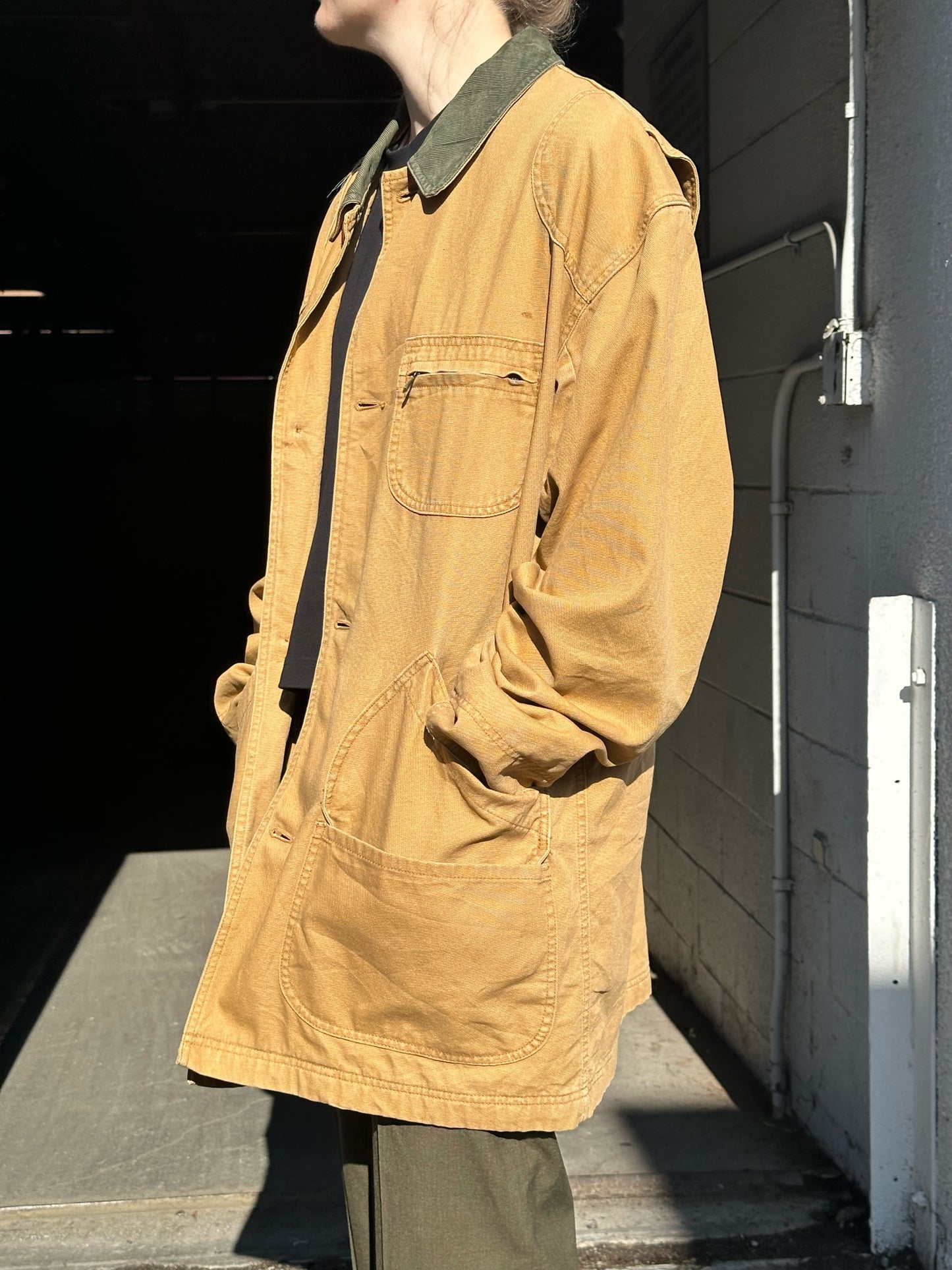 90s LL Bean tan chore coat with green corduroy collar