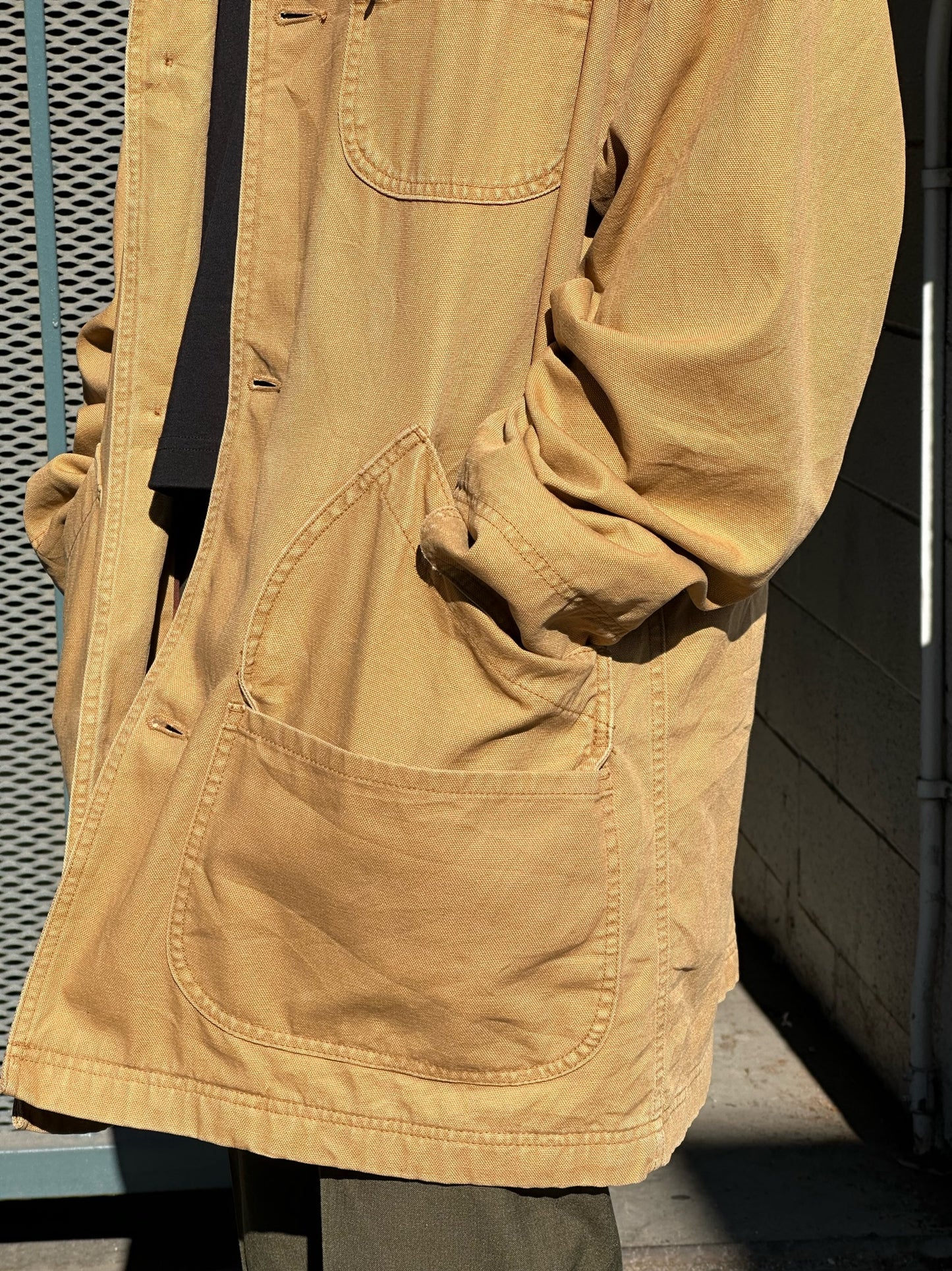 90s LL Bean tan chore coat with green corduroy collar