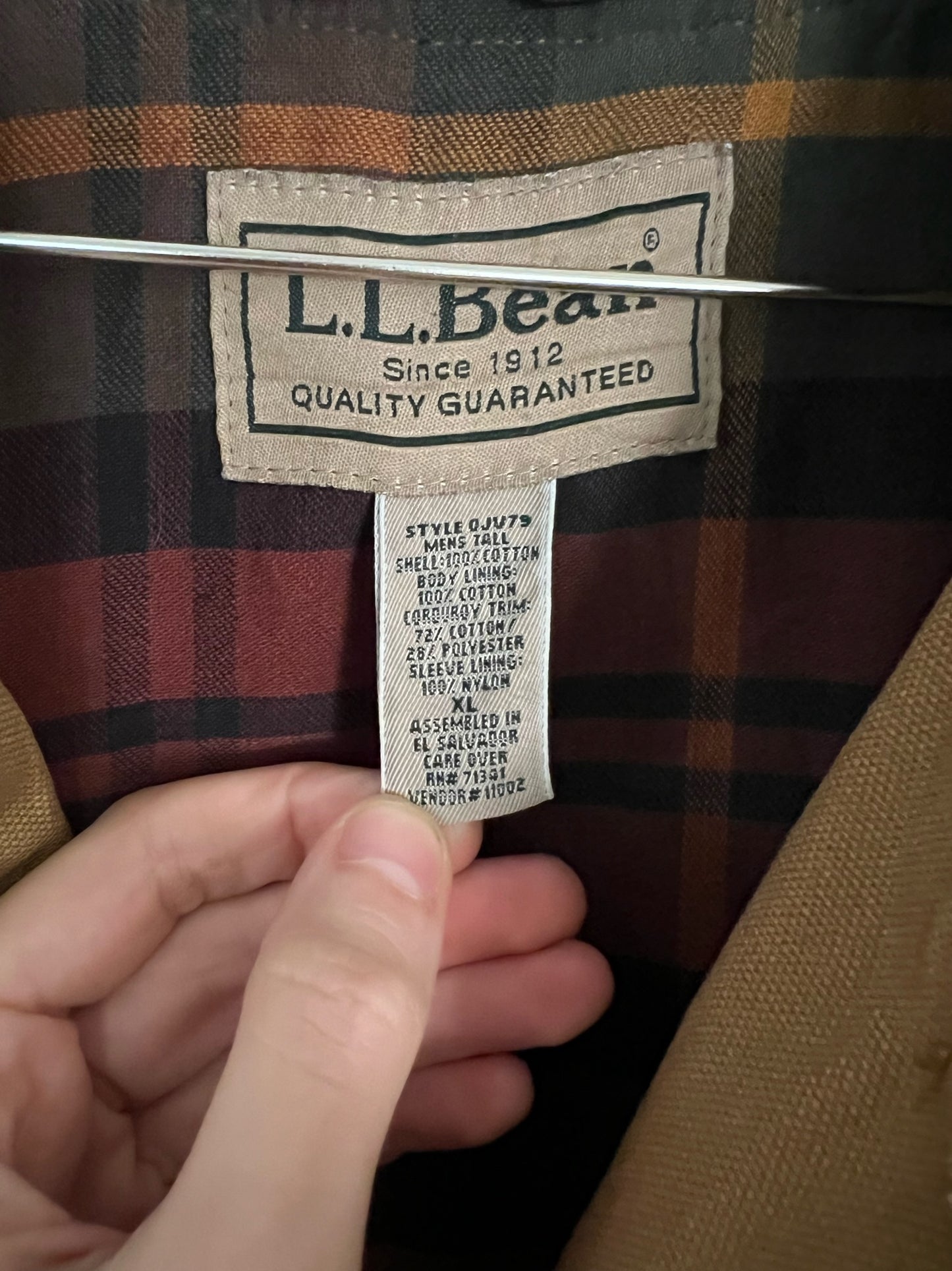 90s LL Bean tan chore coat with green corduroy collar