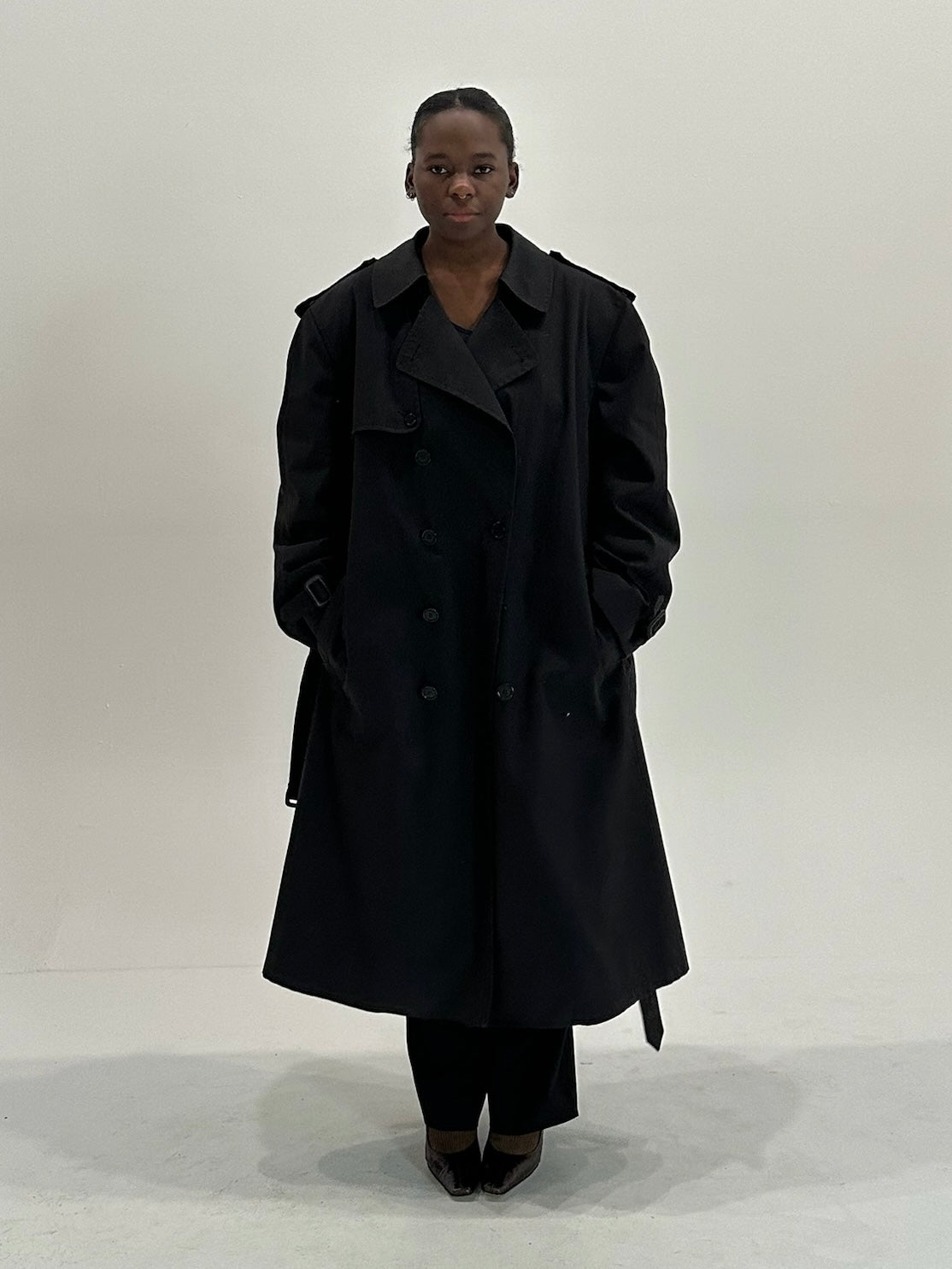 80s London Fog black pile lined trench coat