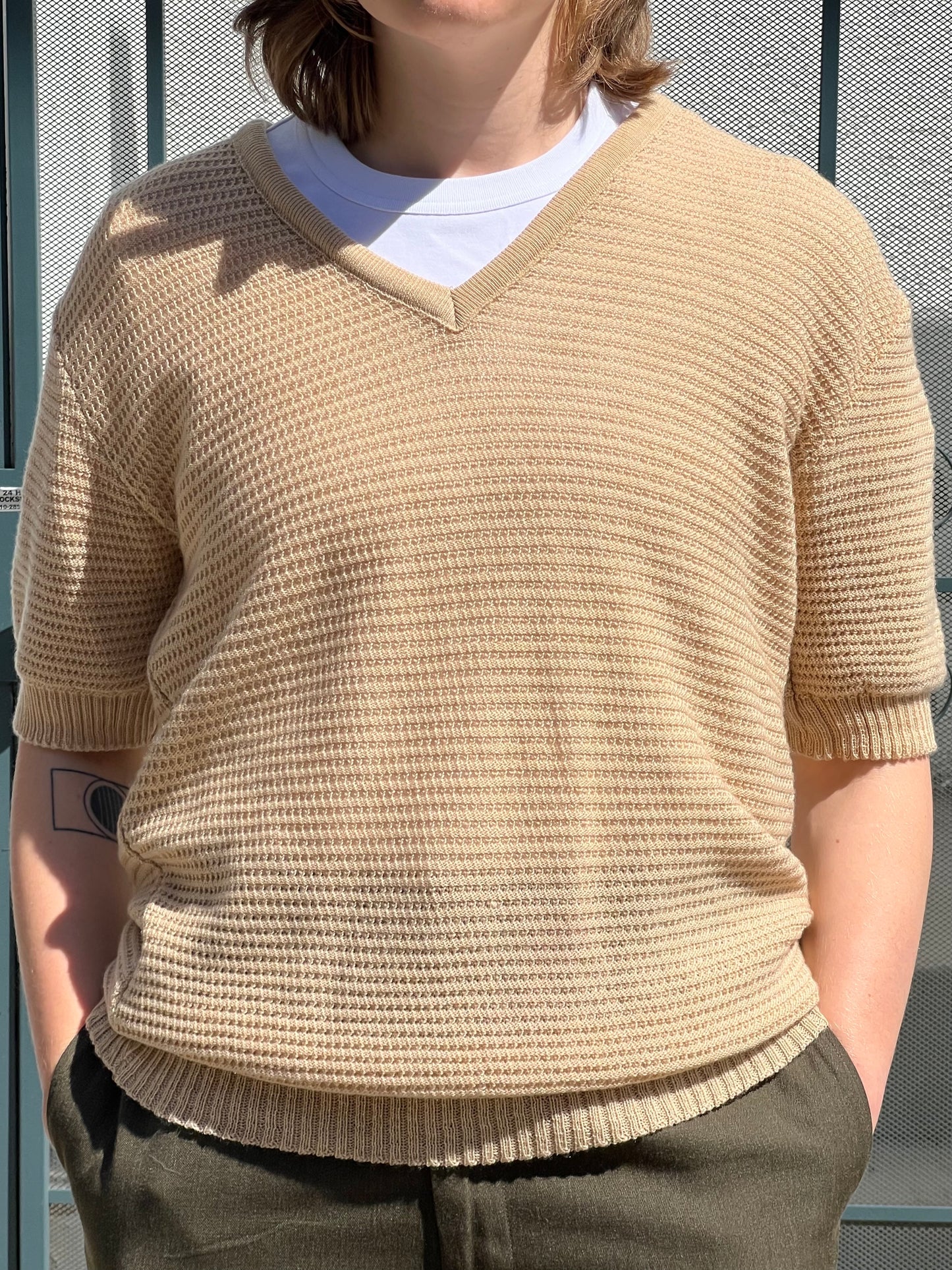 80s McBriar tan short sleeve v neck knit