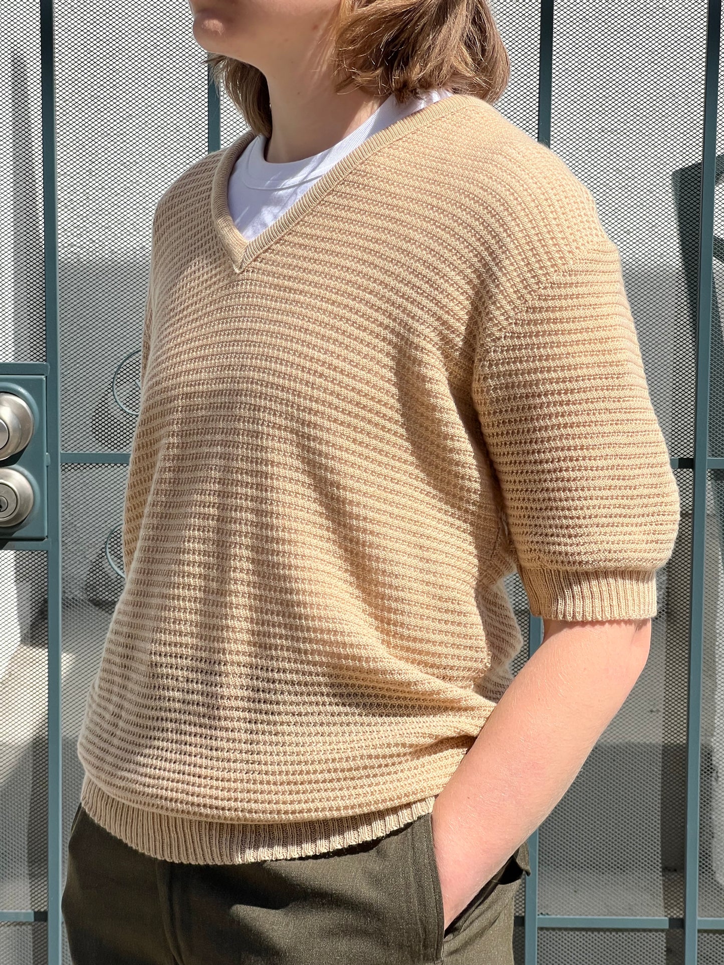 80s McBriar tan short sleeve v neck knit