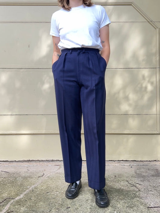 40s navy notch back herringbone pleated trousers